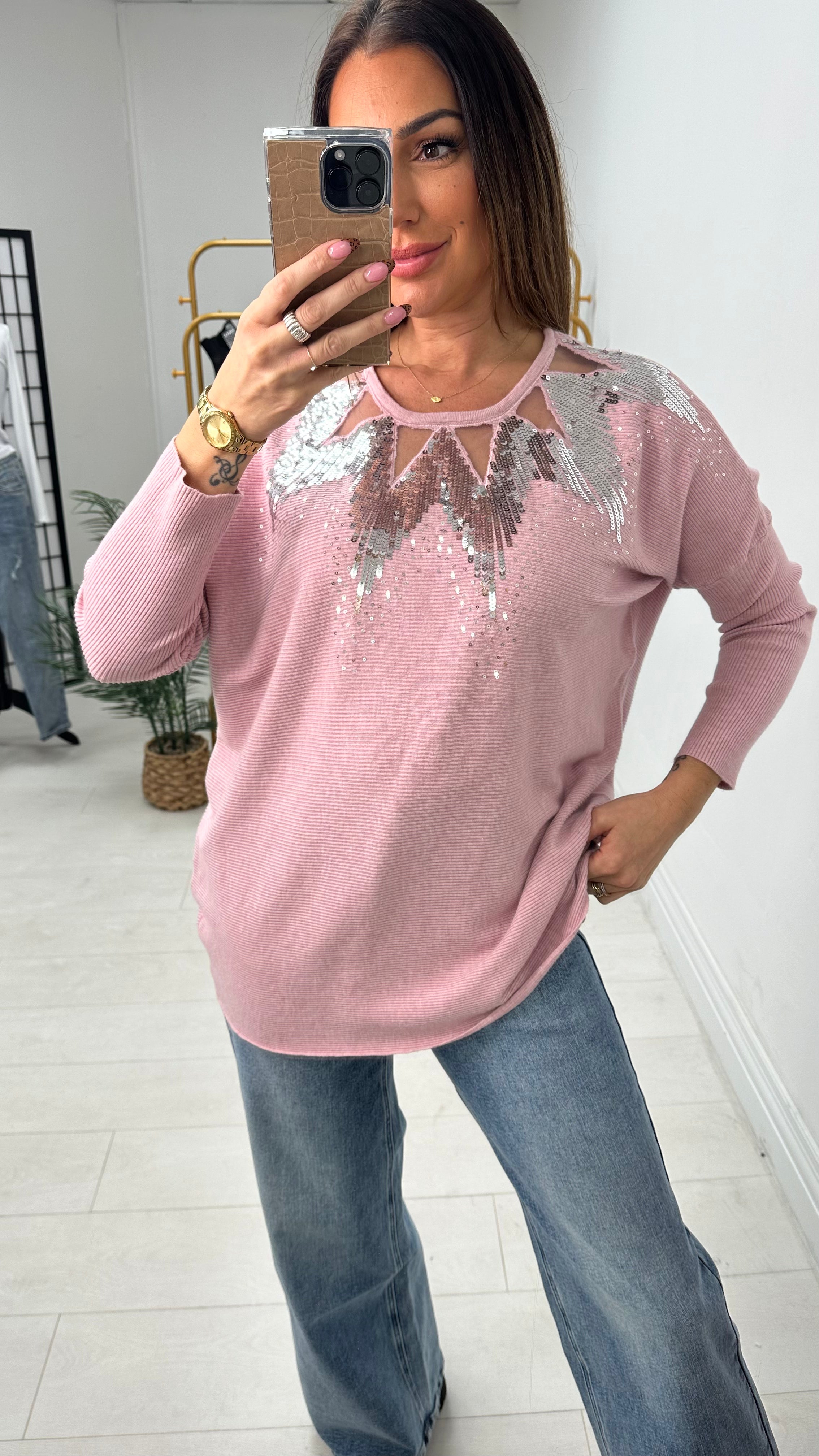 Mckenzie Sheer Panel Sequin Detail Knit Jumper