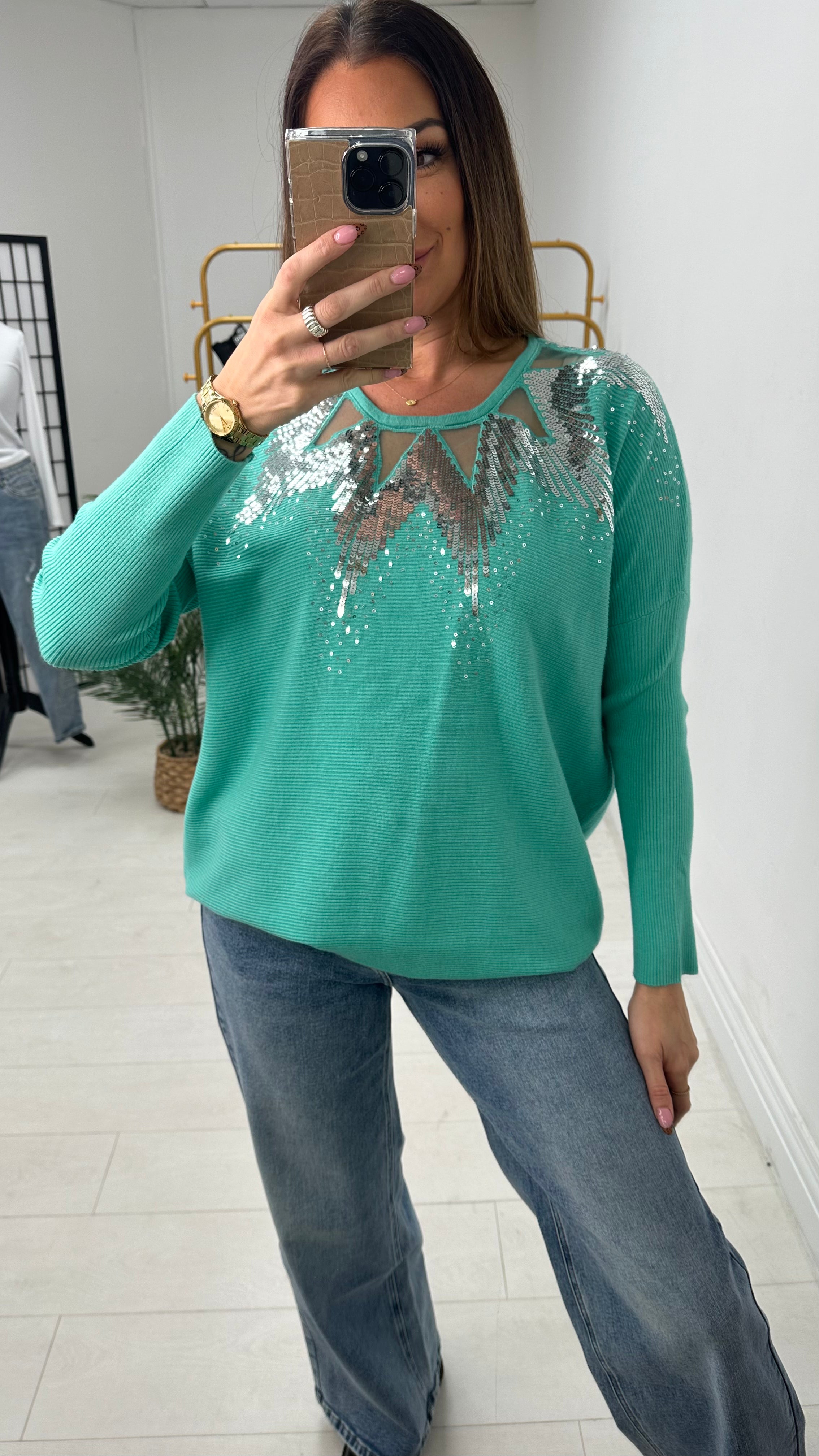 Mckenzie Sheer Panel Sequin Detail Knit Jumper