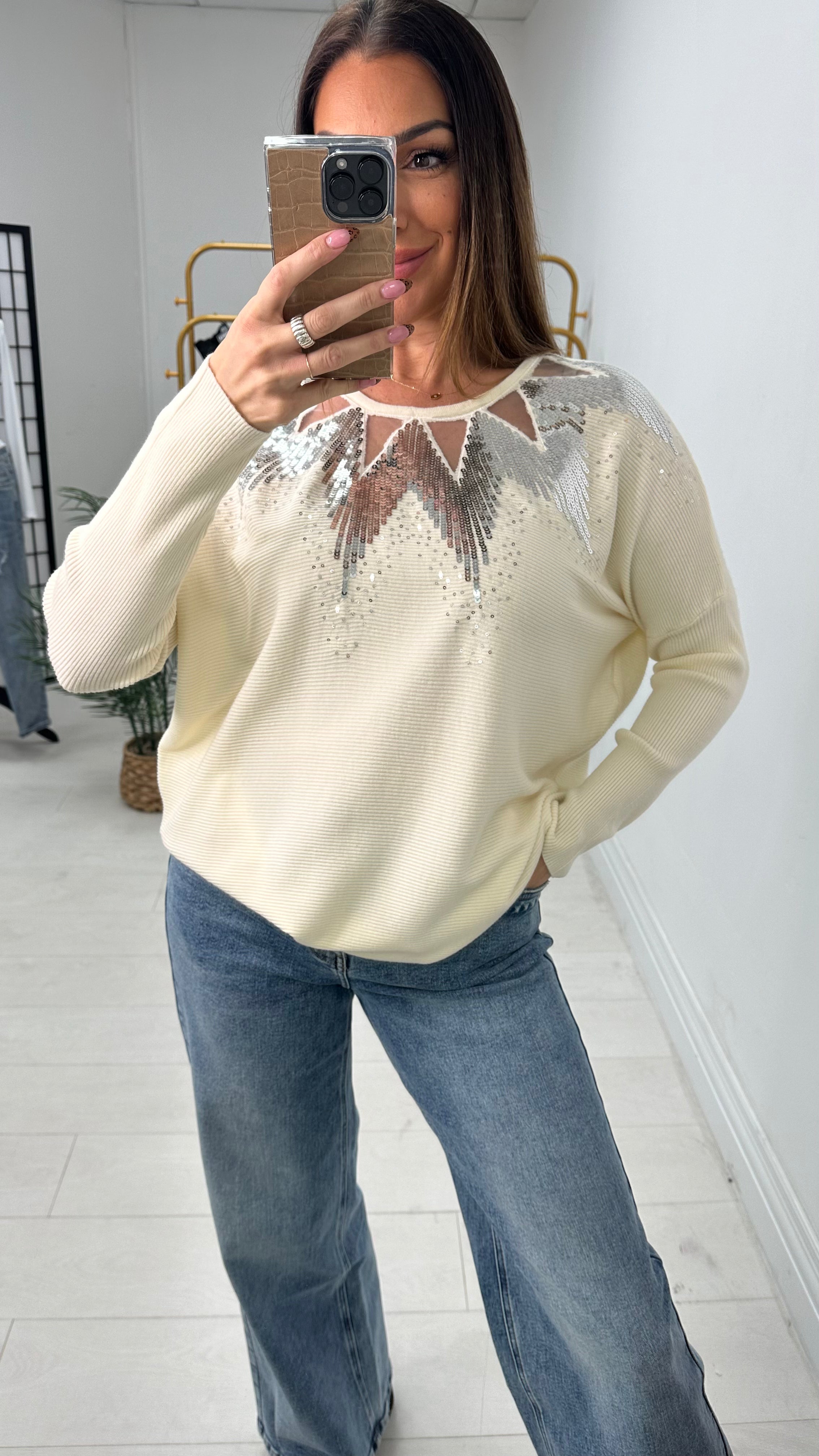 Mckenzie Sheer Panel Sequin Detail Knit Jumper