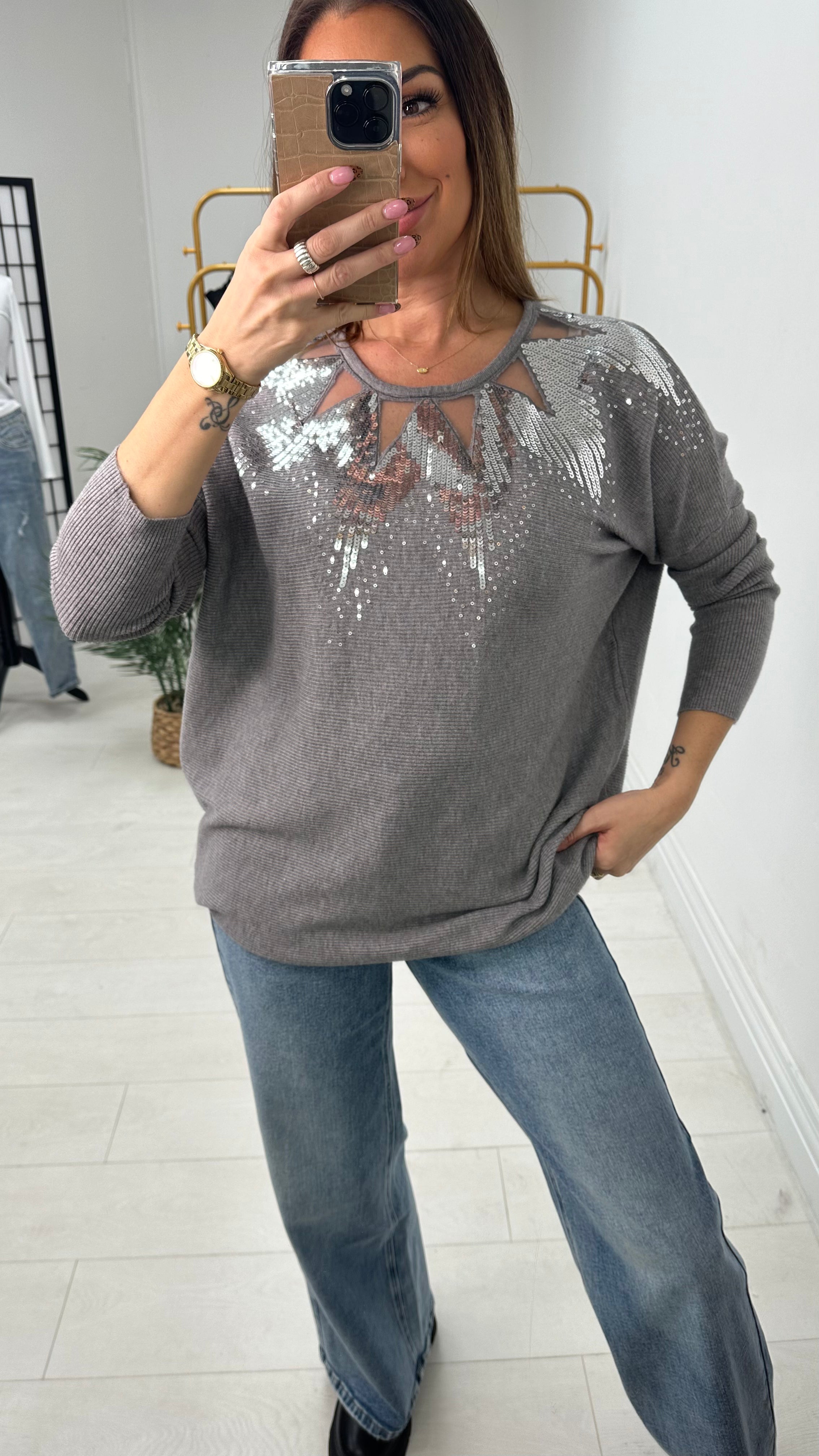 Mckenzie Sheer Panel Sequin Detail Knit Jumper