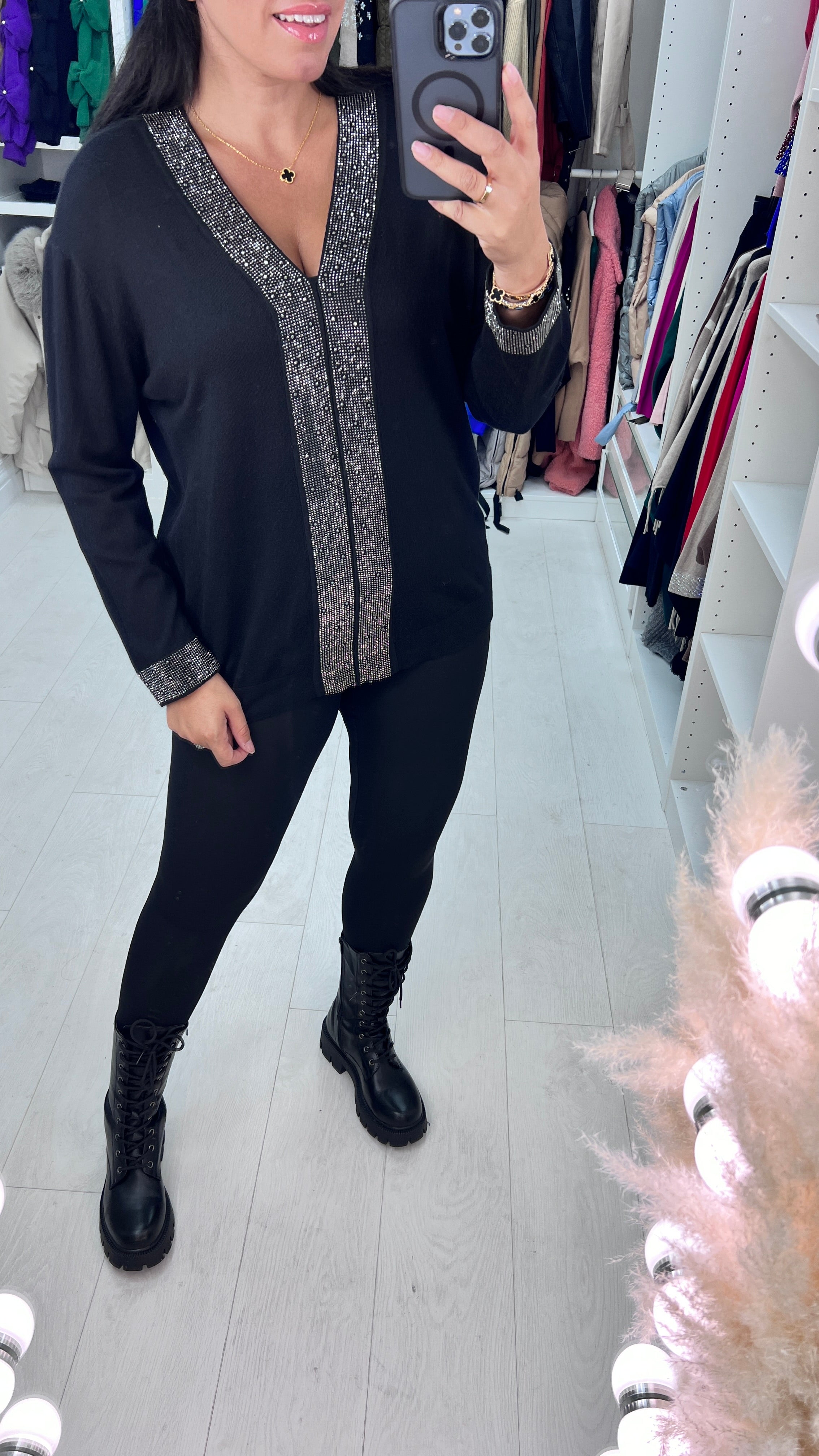 Zoe Gem Panel Front V Neck Jumper