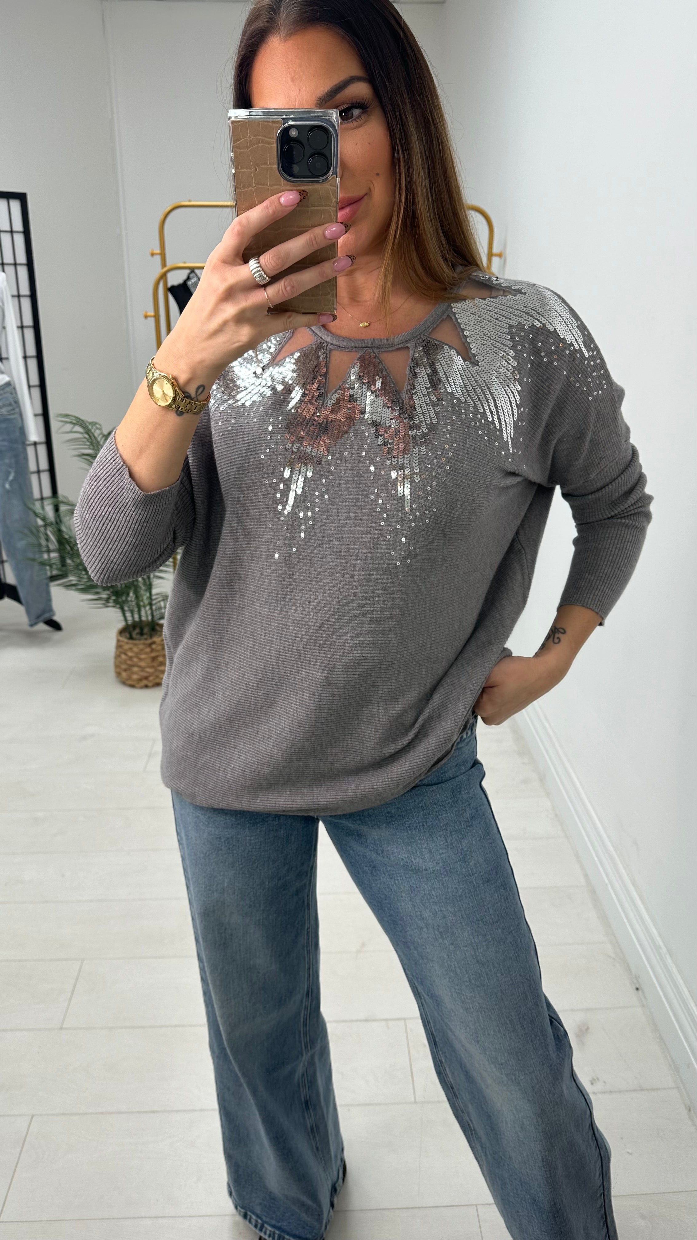 Mckenzie Sheer Panel Sequin Detail Knit Jumper