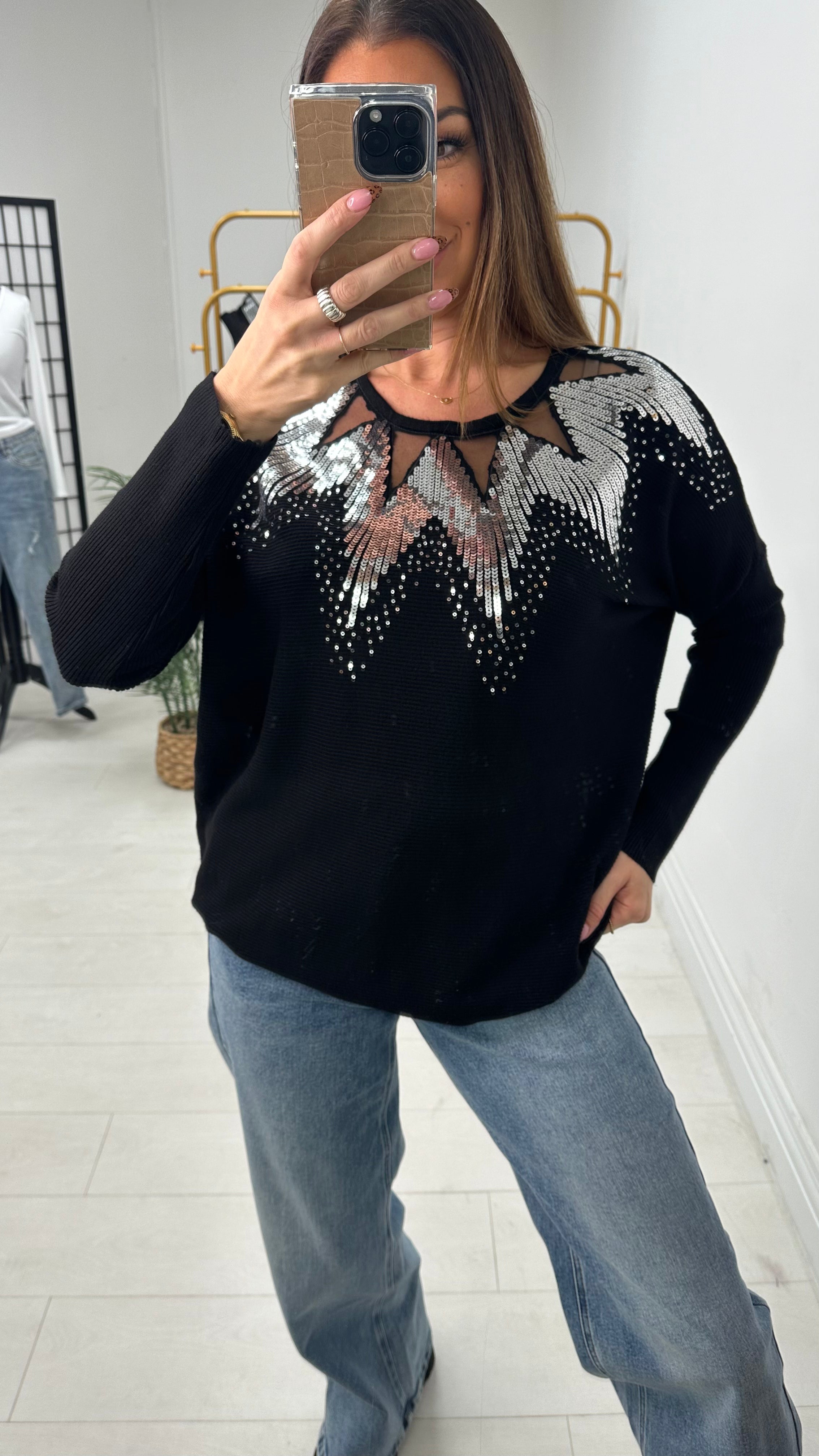 Mckenzie Sheer Panel Sequin Detail Knit Jumper