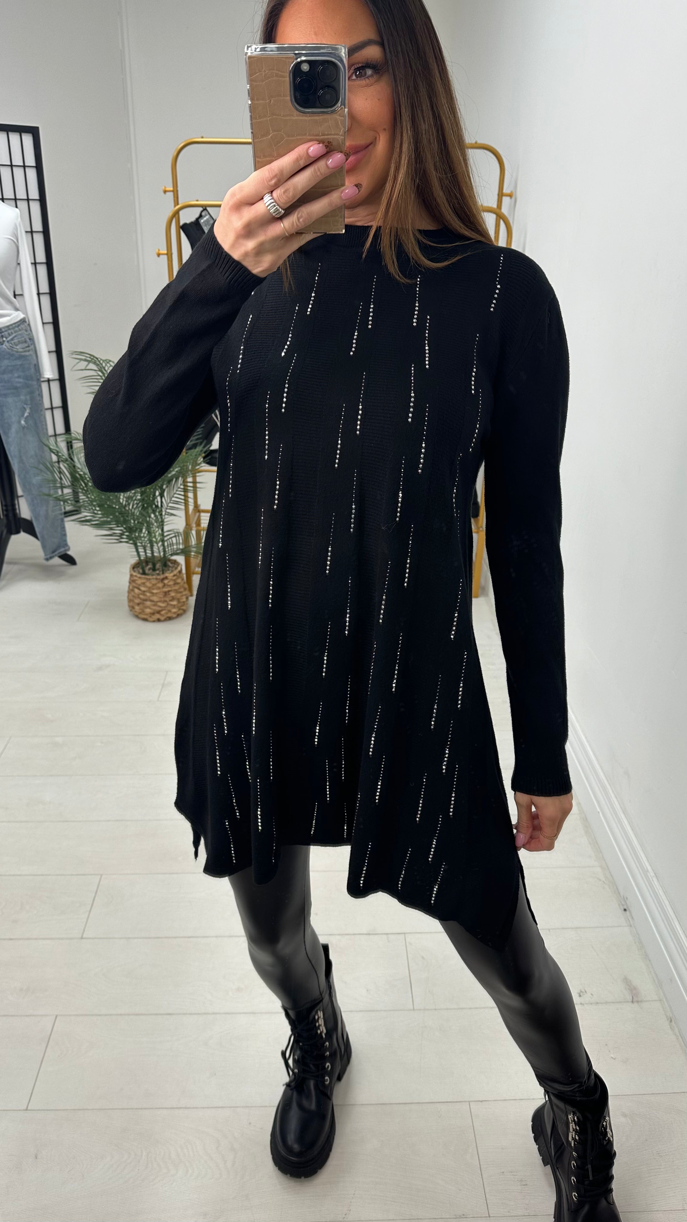 Heather Diamante Detail Longline Knit Jumper