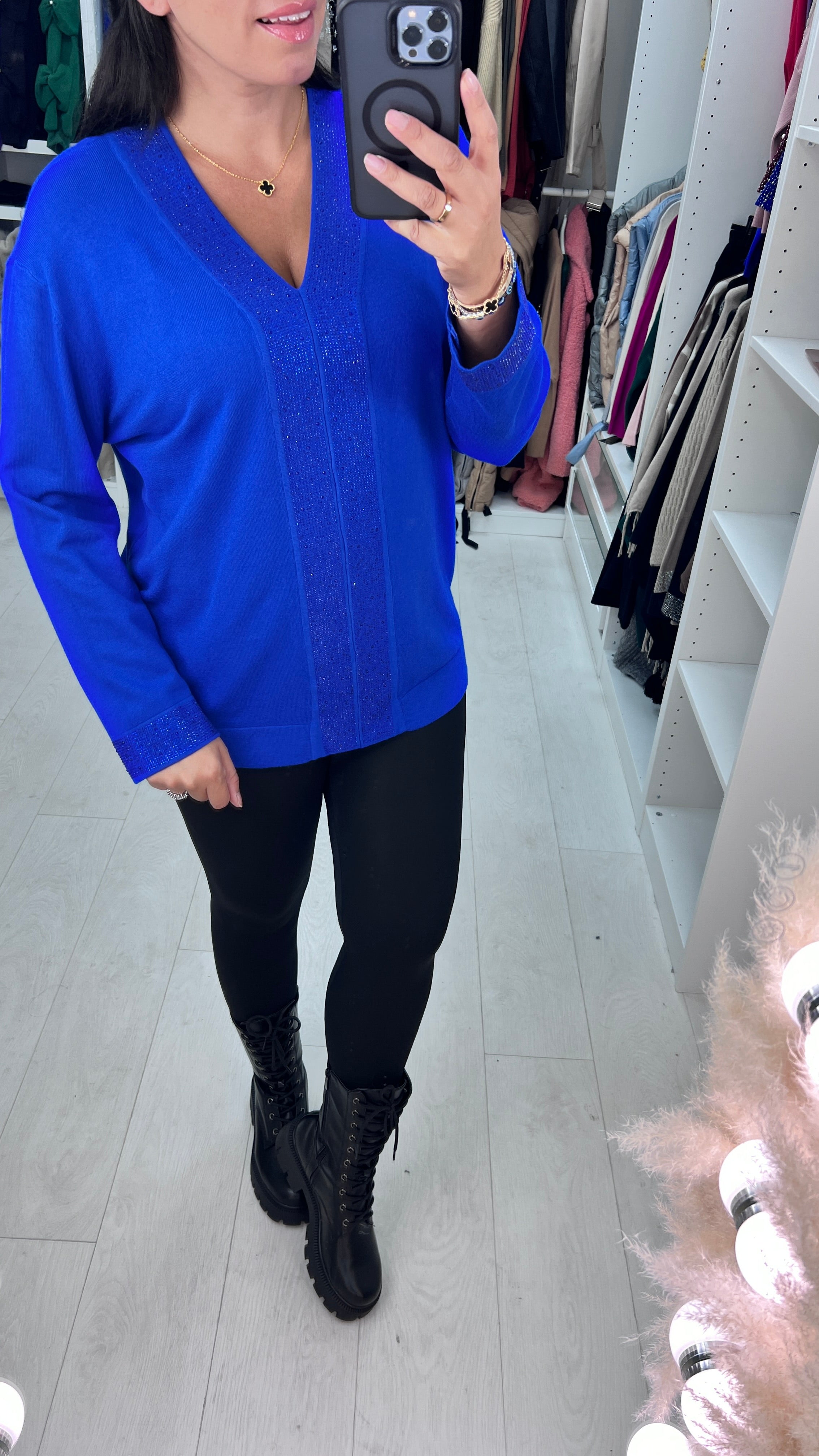 Zoe Gem Panel Front V Neck Jumper