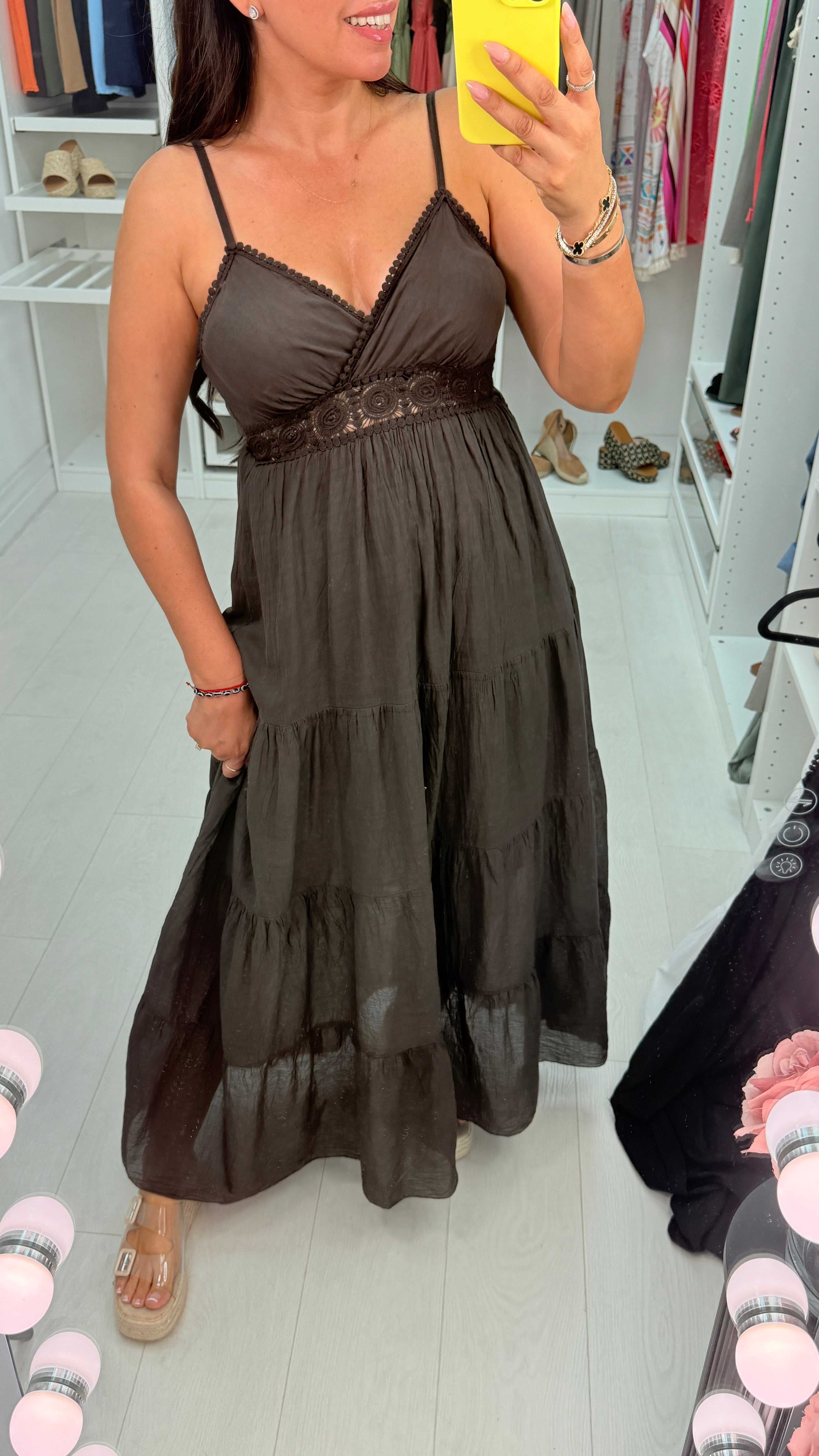 Halina Plain Crochet Detail Strappy Maxi Dress