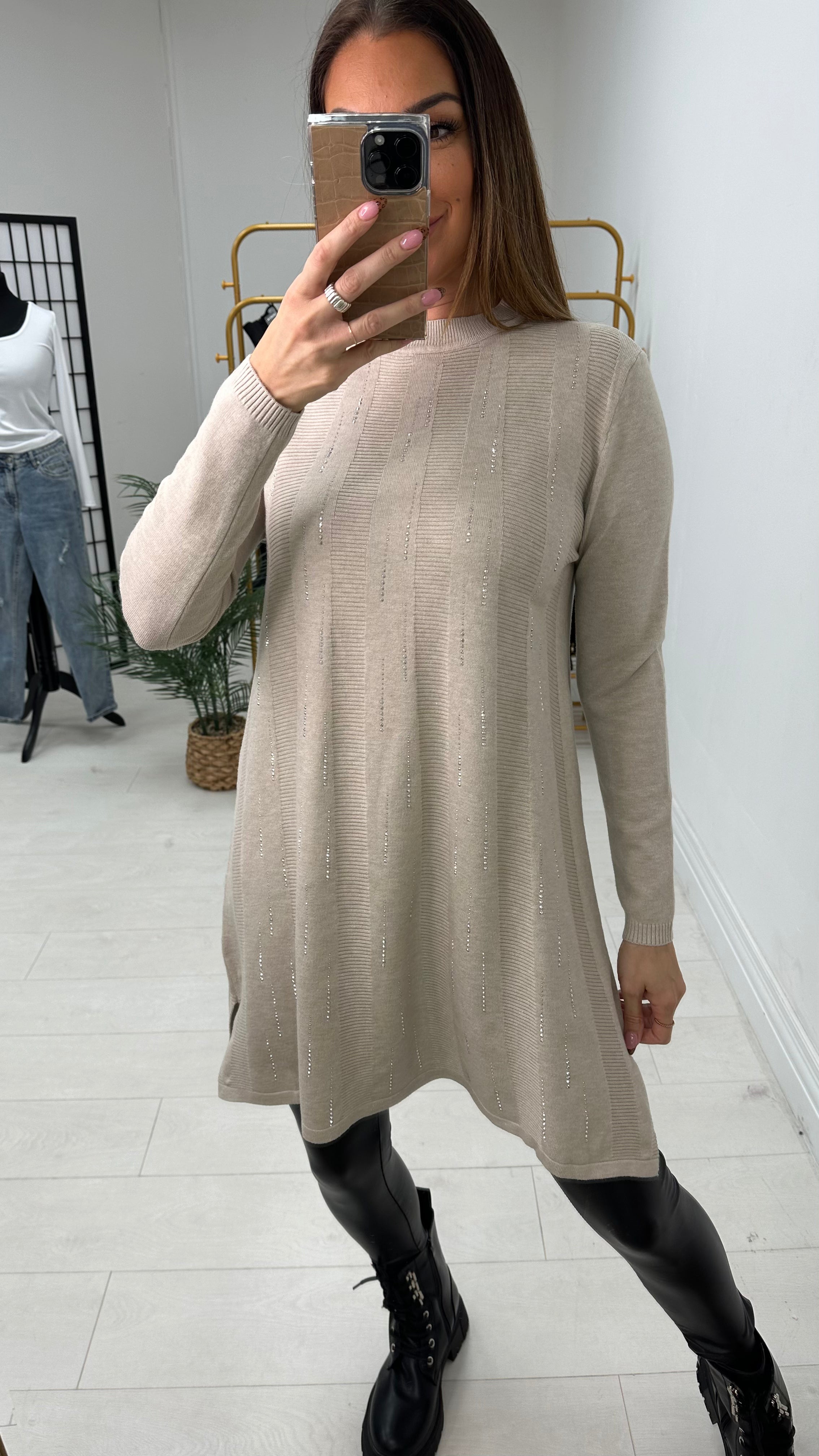 Heather Diamante Detail Longline Knit Jumper