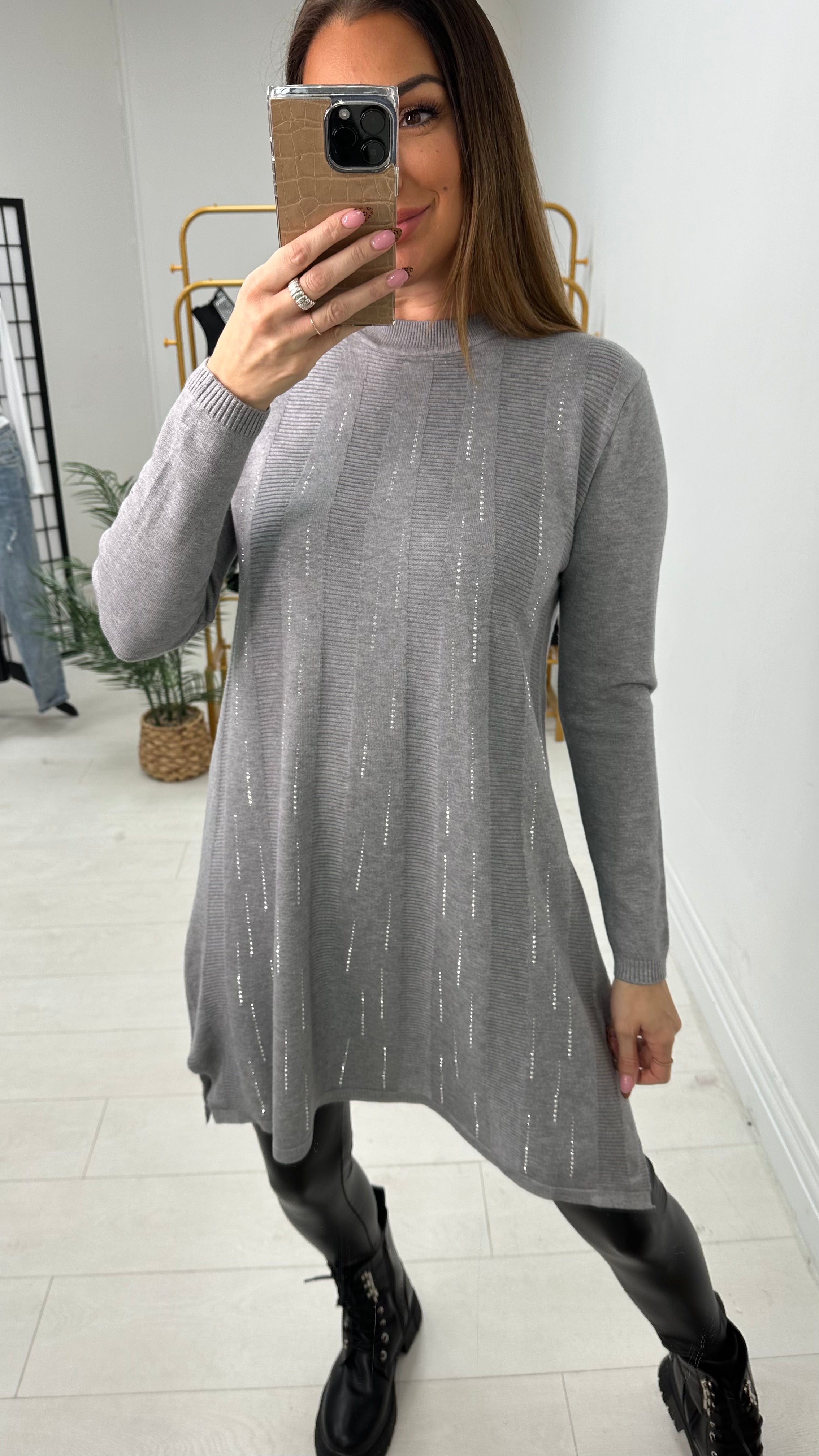 Heather Diamante Detail Longline Knit Jumper