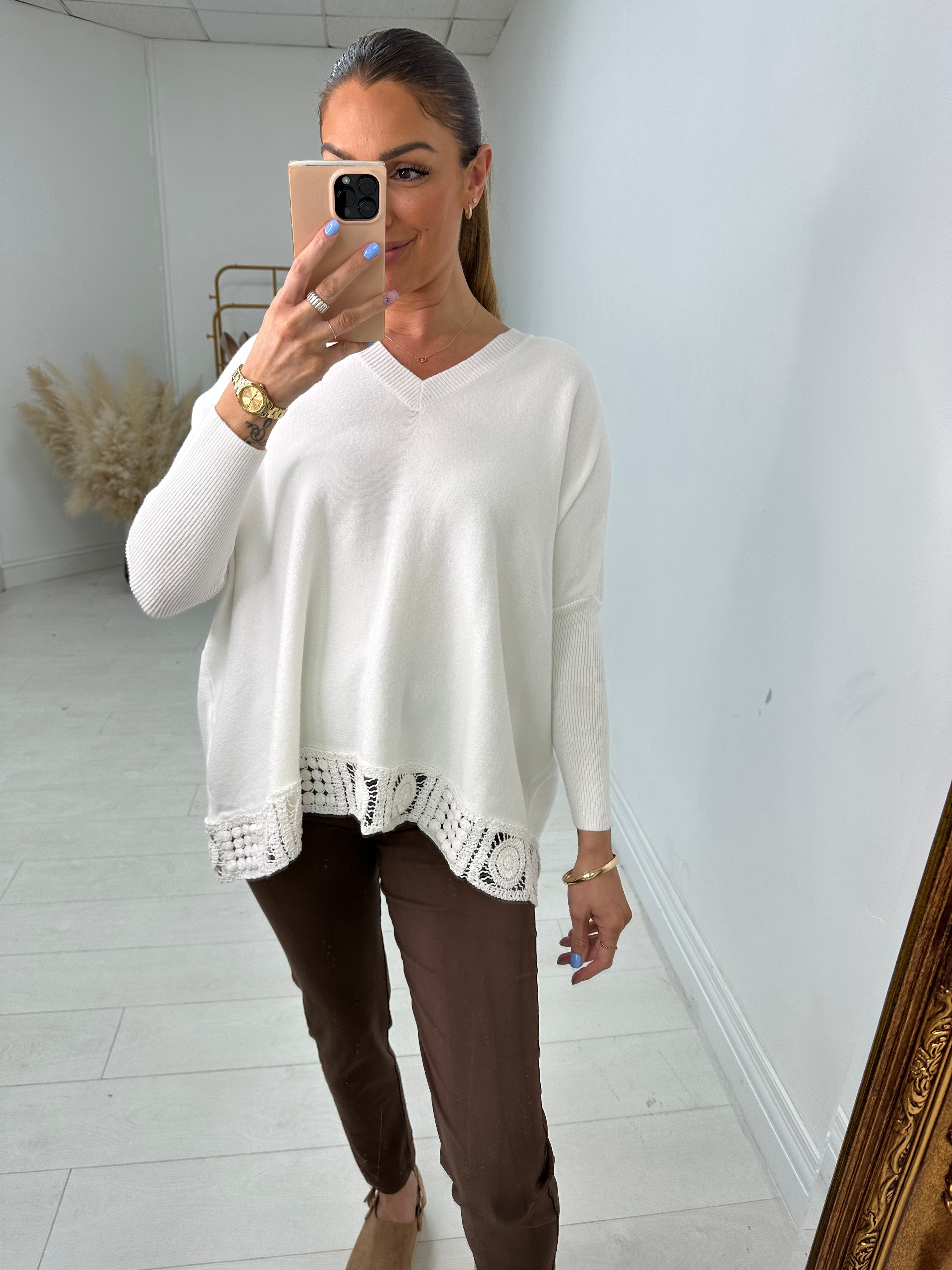 Reese V Neck Crochet Hem Jumper