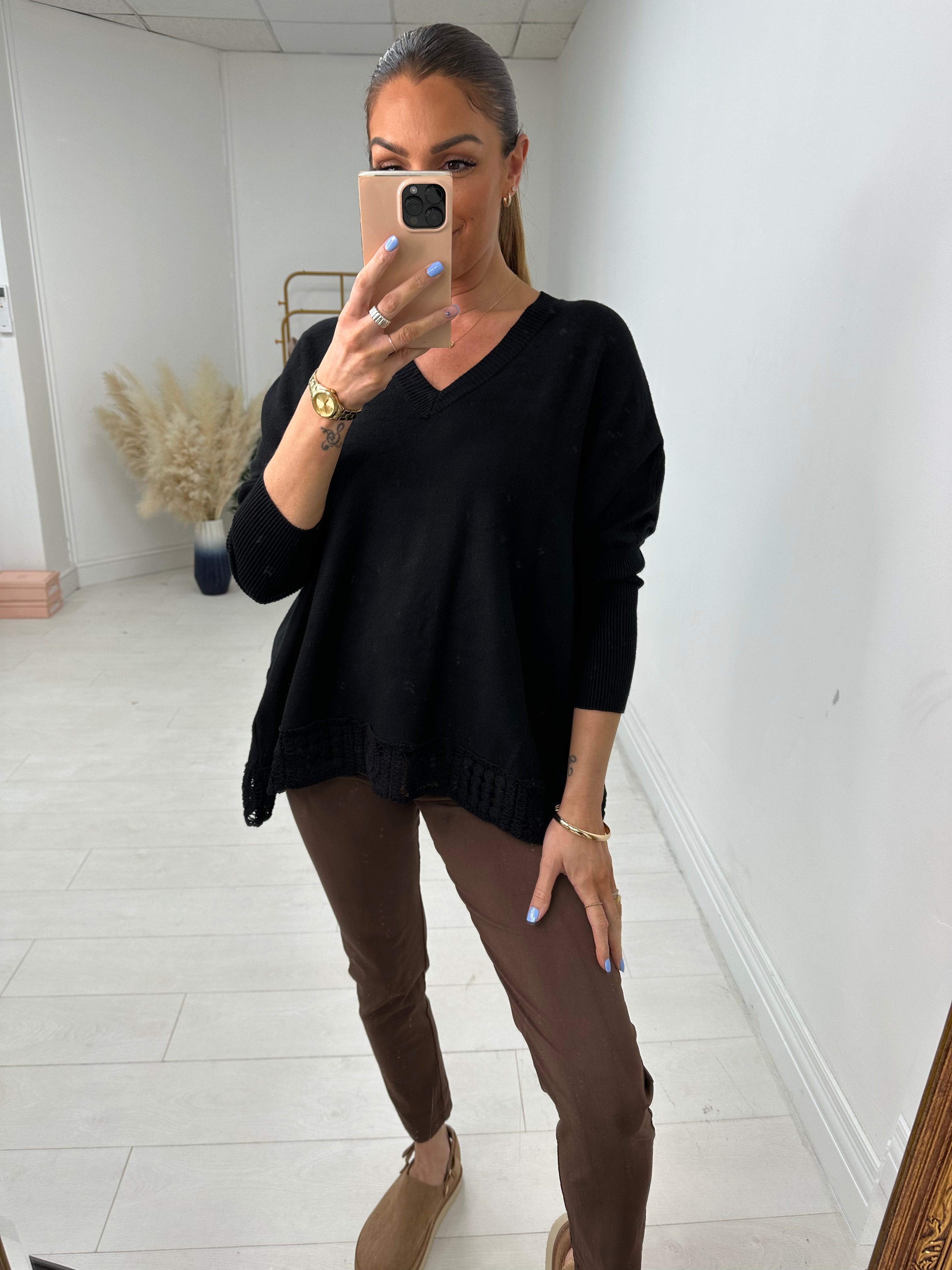 Reese V Neck Crochet Hem Jumper