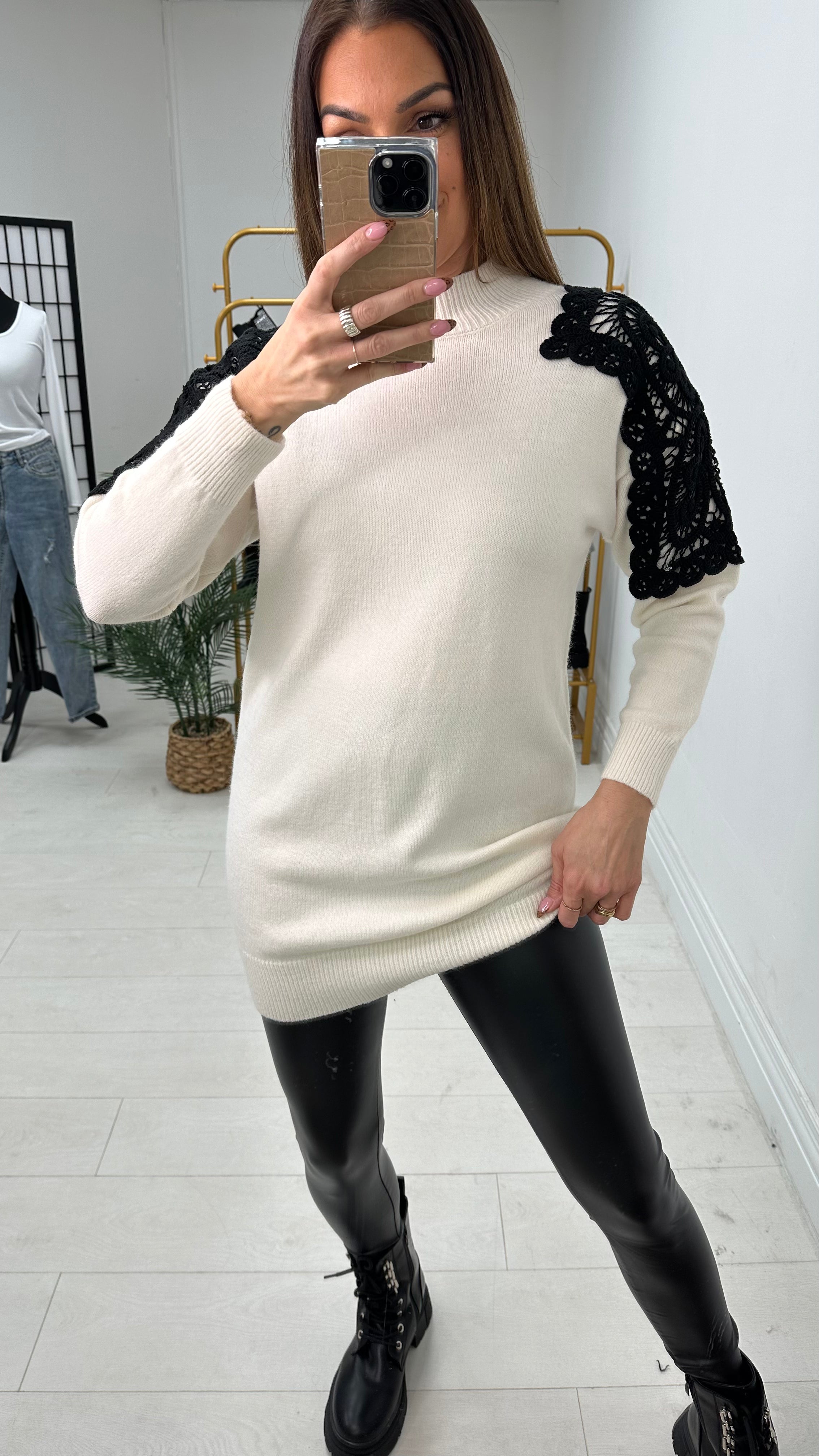 Danica Crochet Shoulder Longline Knit Jumper