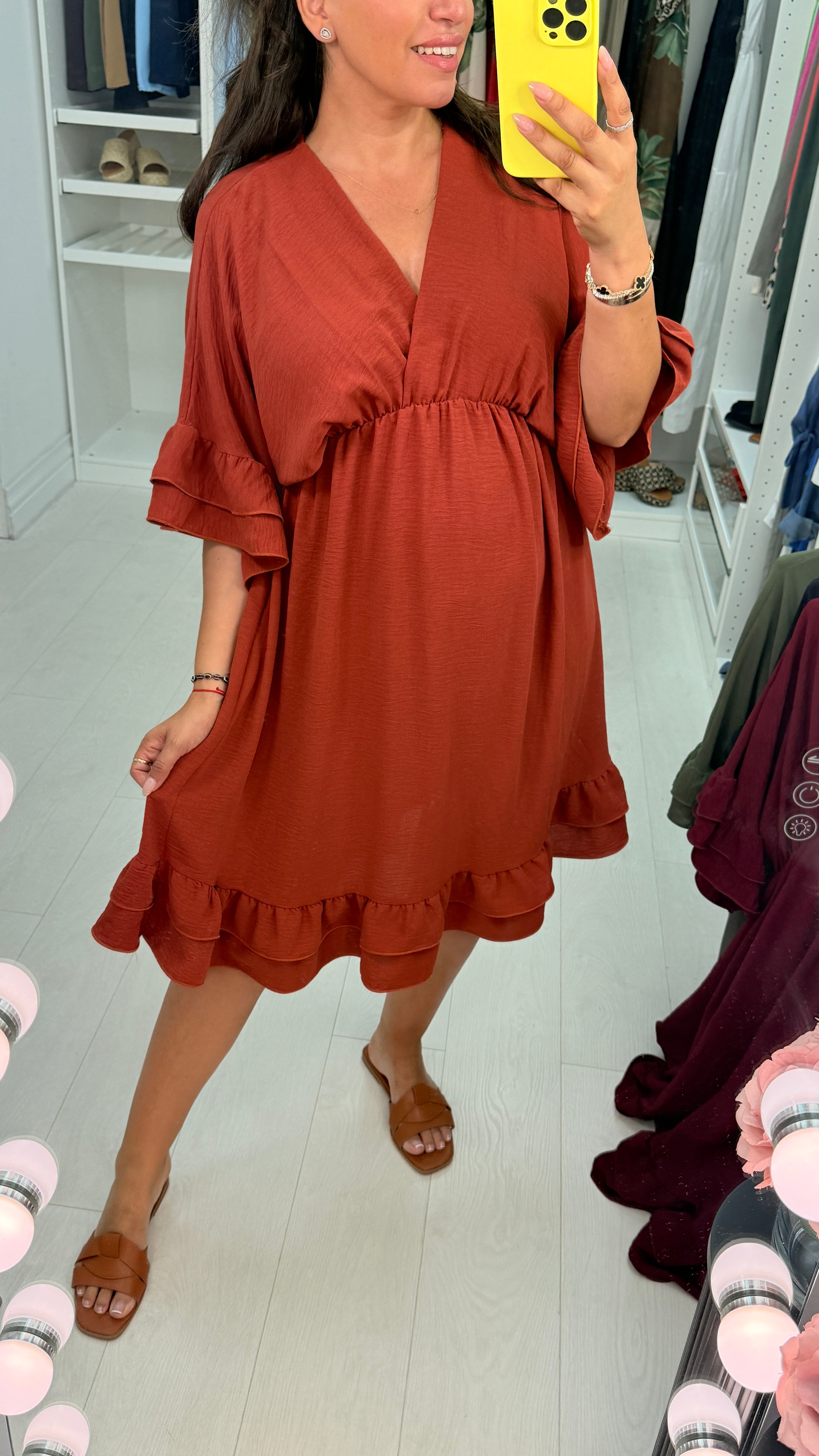 Odessa Plain V Neck Frill Detail Midi Dress