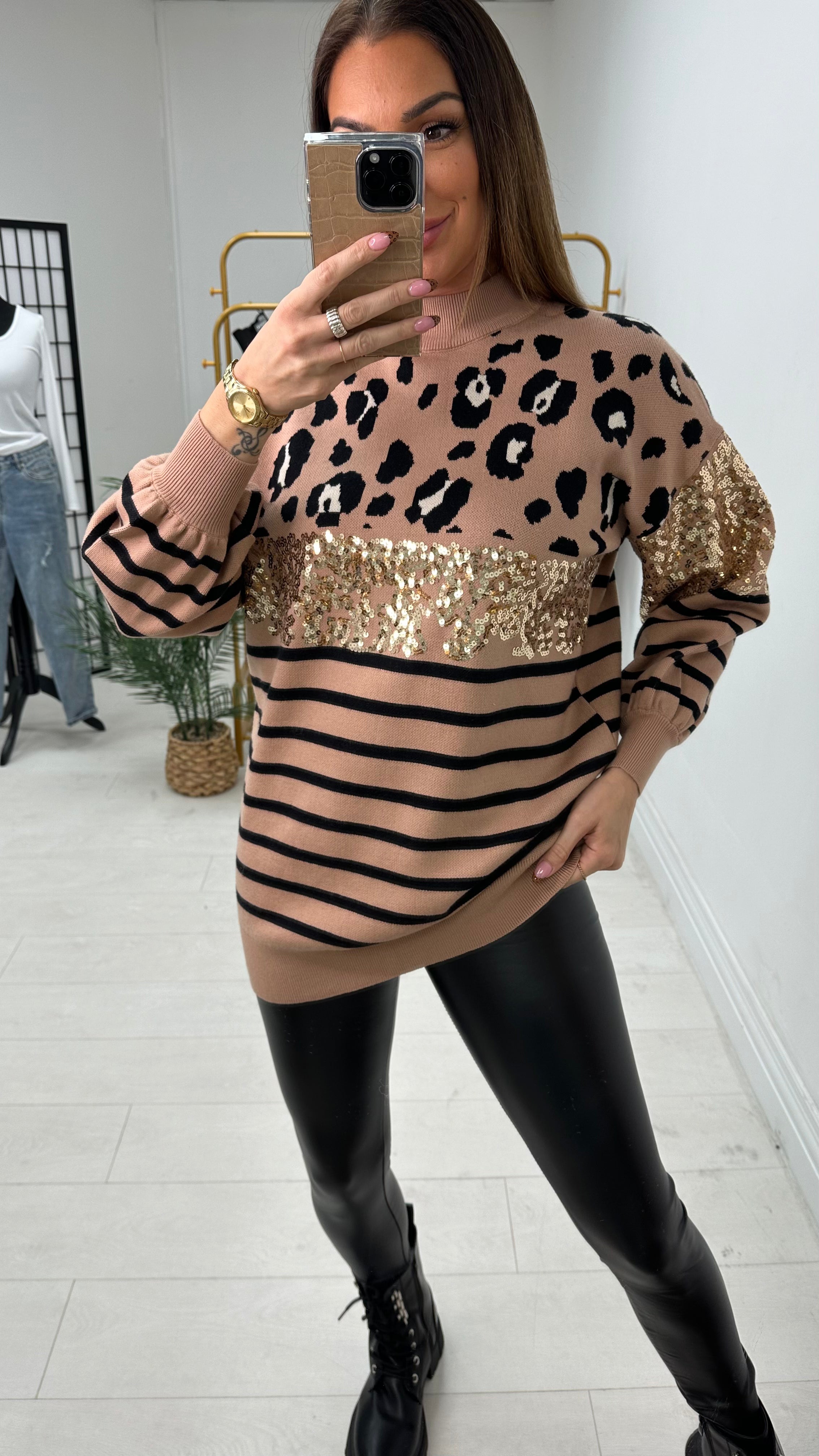 Tara Leopard Print Sequin Detailed Knit Jumper