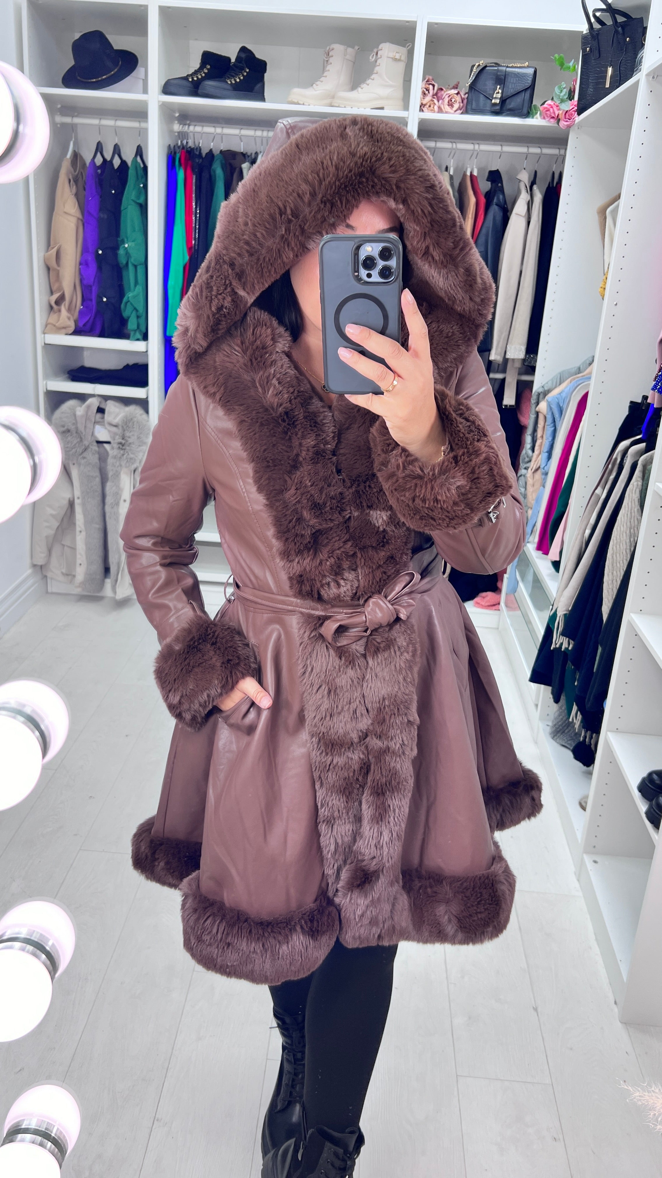 Stephanie Chocolate Faux Fur Trim Faux Leather Coat