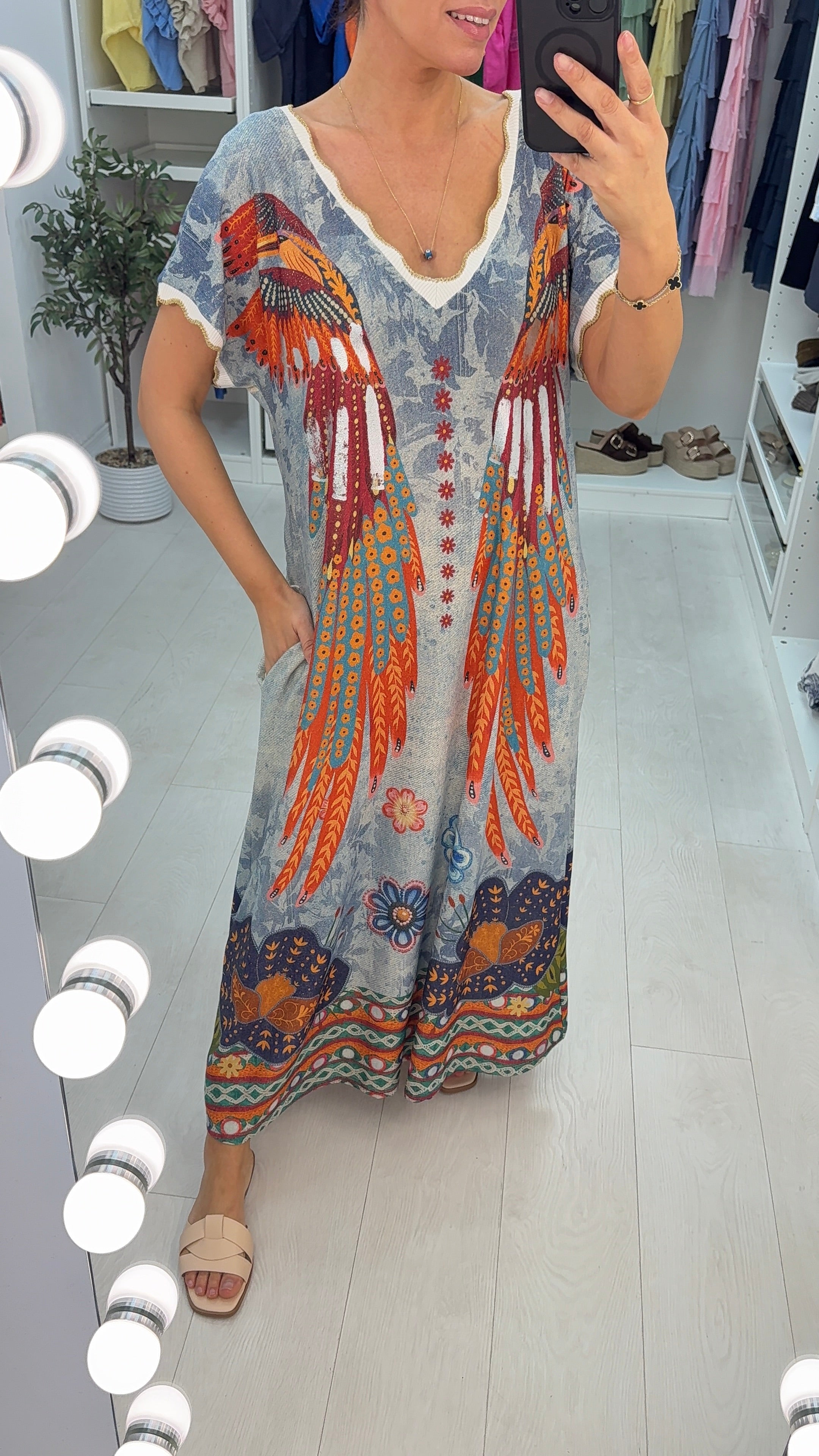 Joyce Angel Wing Pattern Short Sleeve Loose Fit Dress