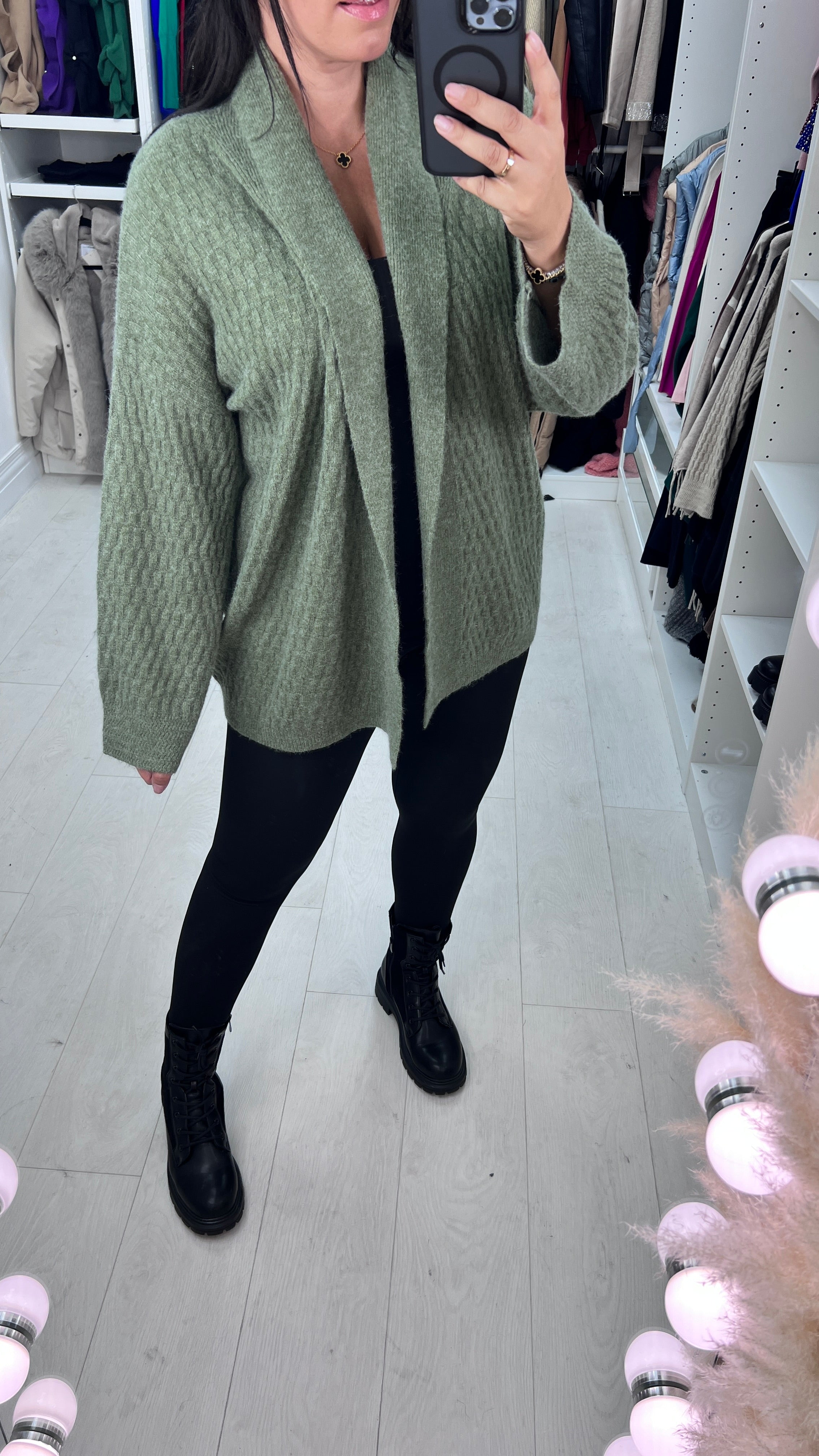 Melissa Shawl Collar Open Front Textured Cardigan