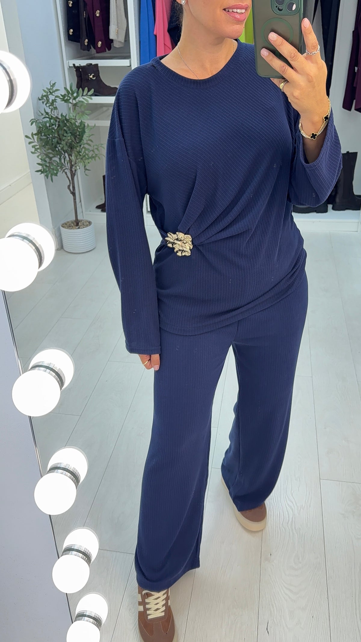 Hana Plain Ribbed Embellish Detailed Loungewear Set