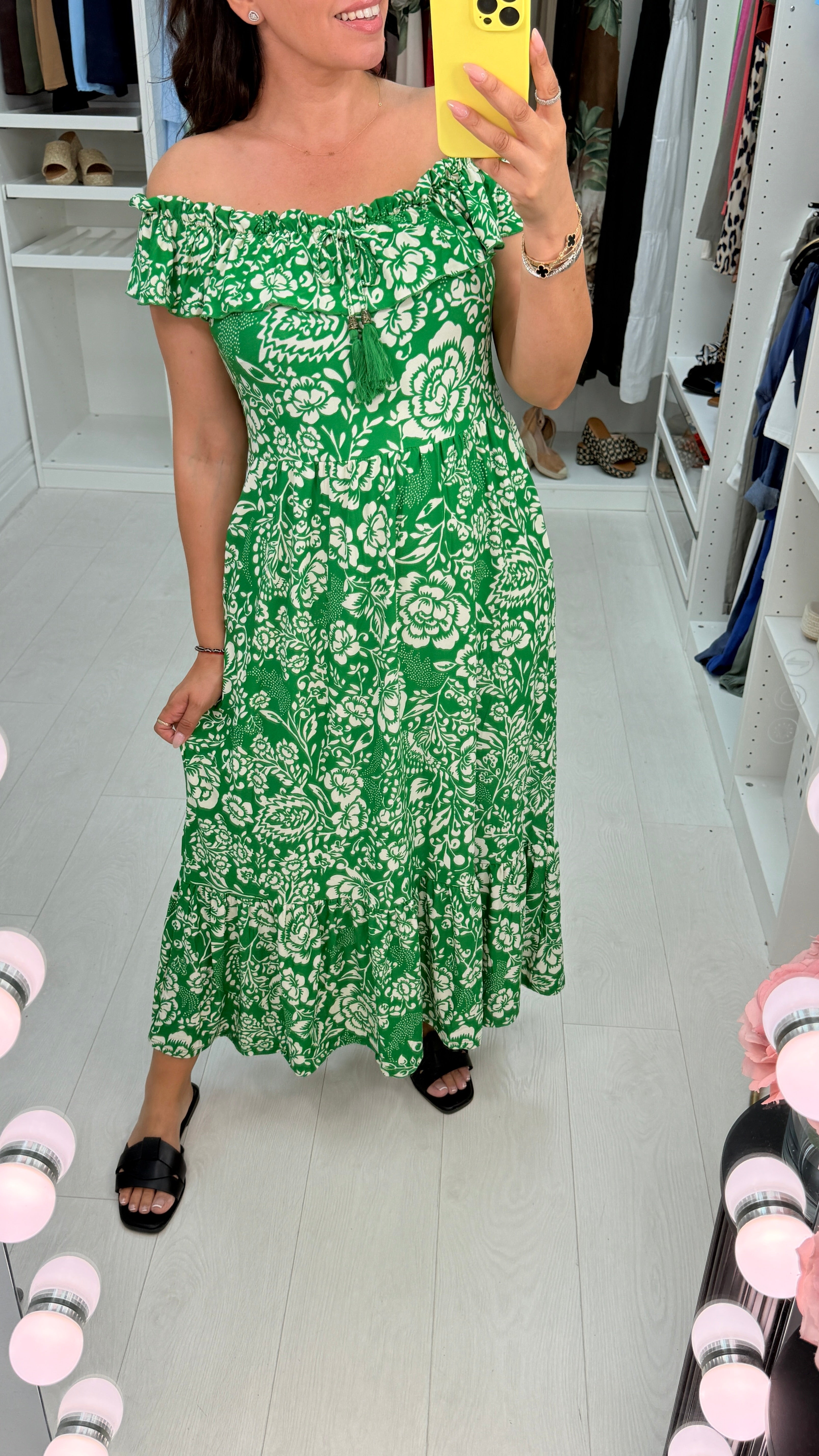 Patrice Floral Print Shirred Waist Bardot Maxi Dress