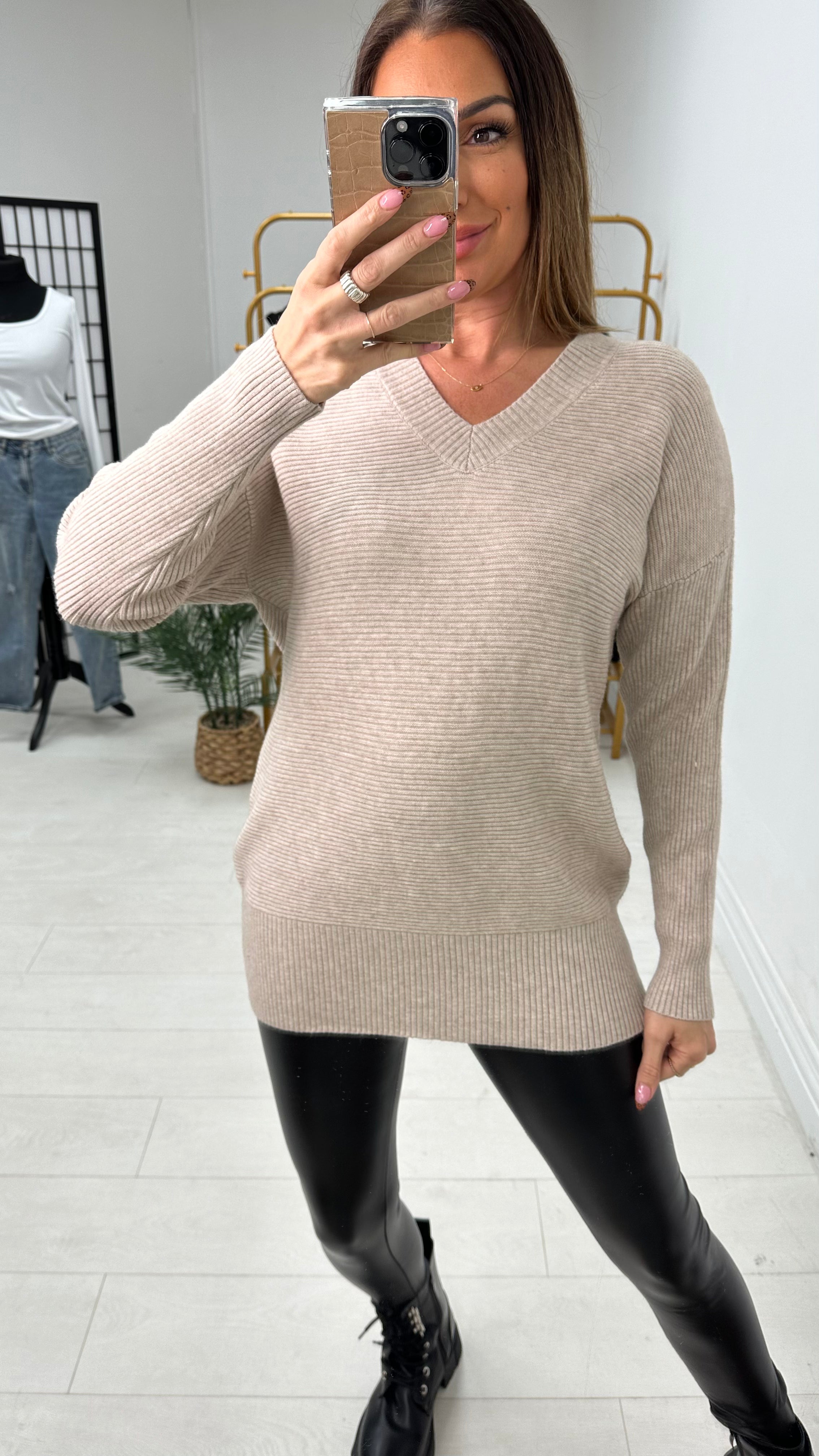 Michela Ribbed Plain V Neck Knit Jumper