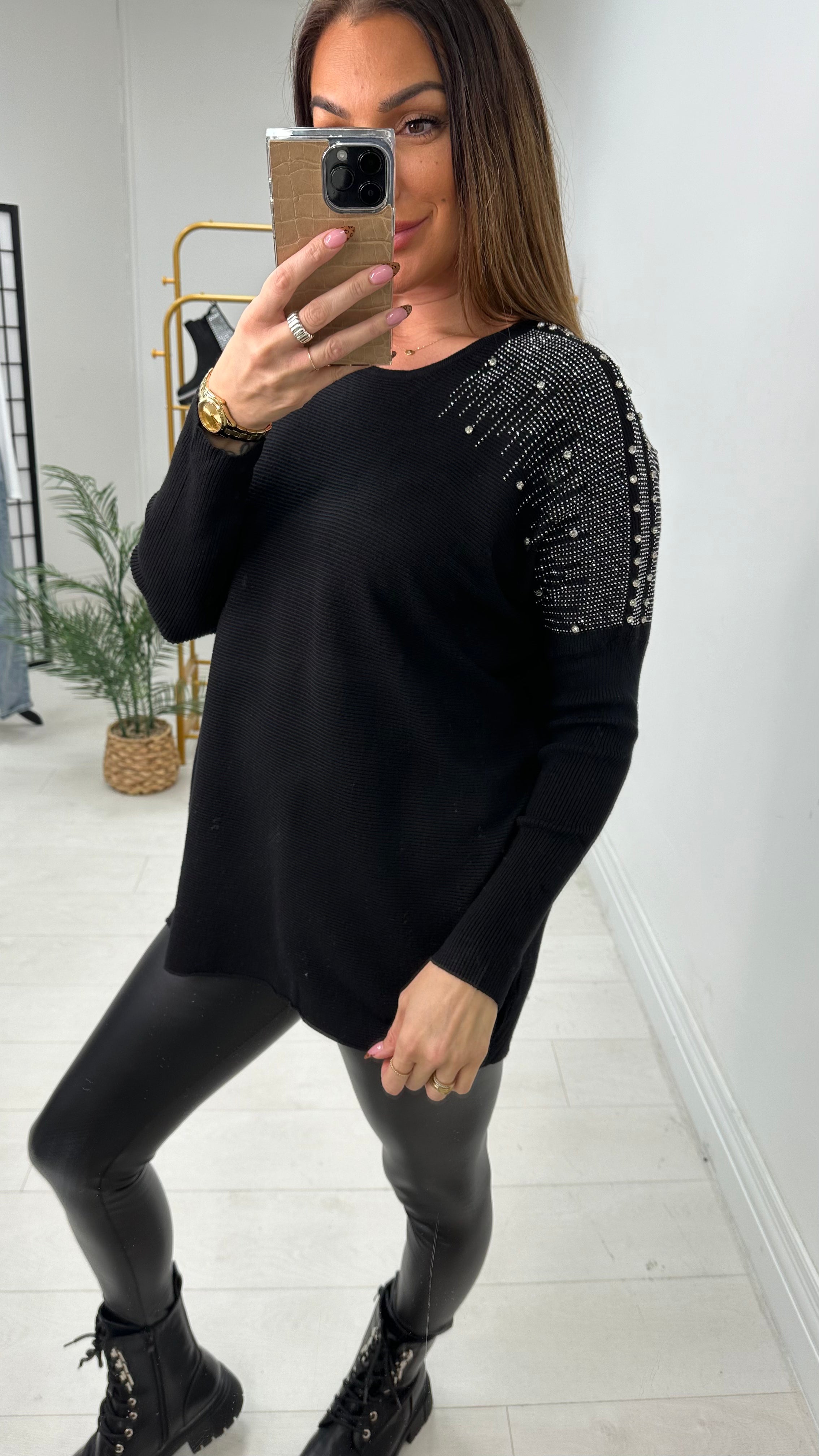 Janise Plain Embellished Shoulder Knit Jumper