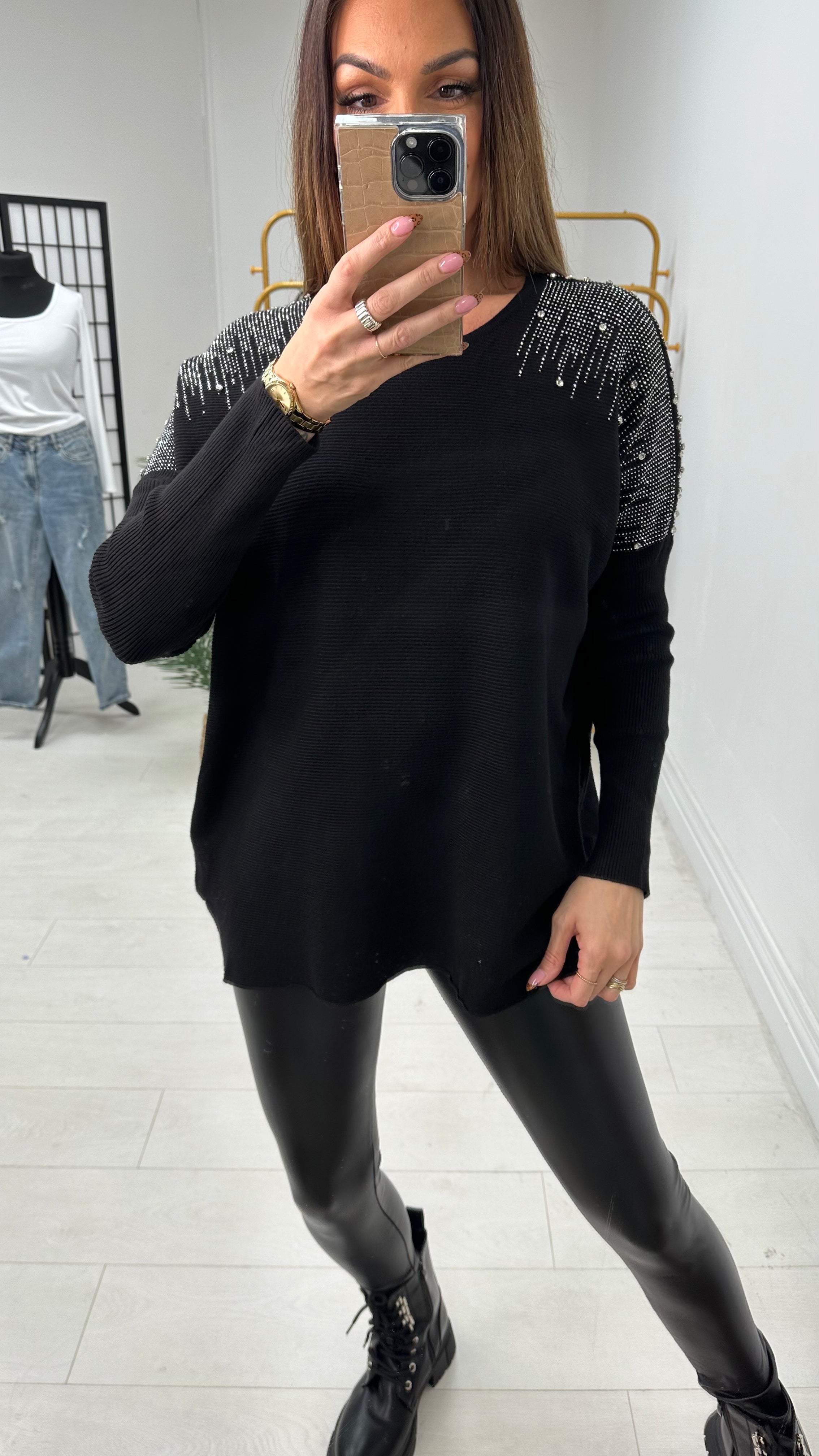 Janise Plain Embellished Shoulder Knit Jumper