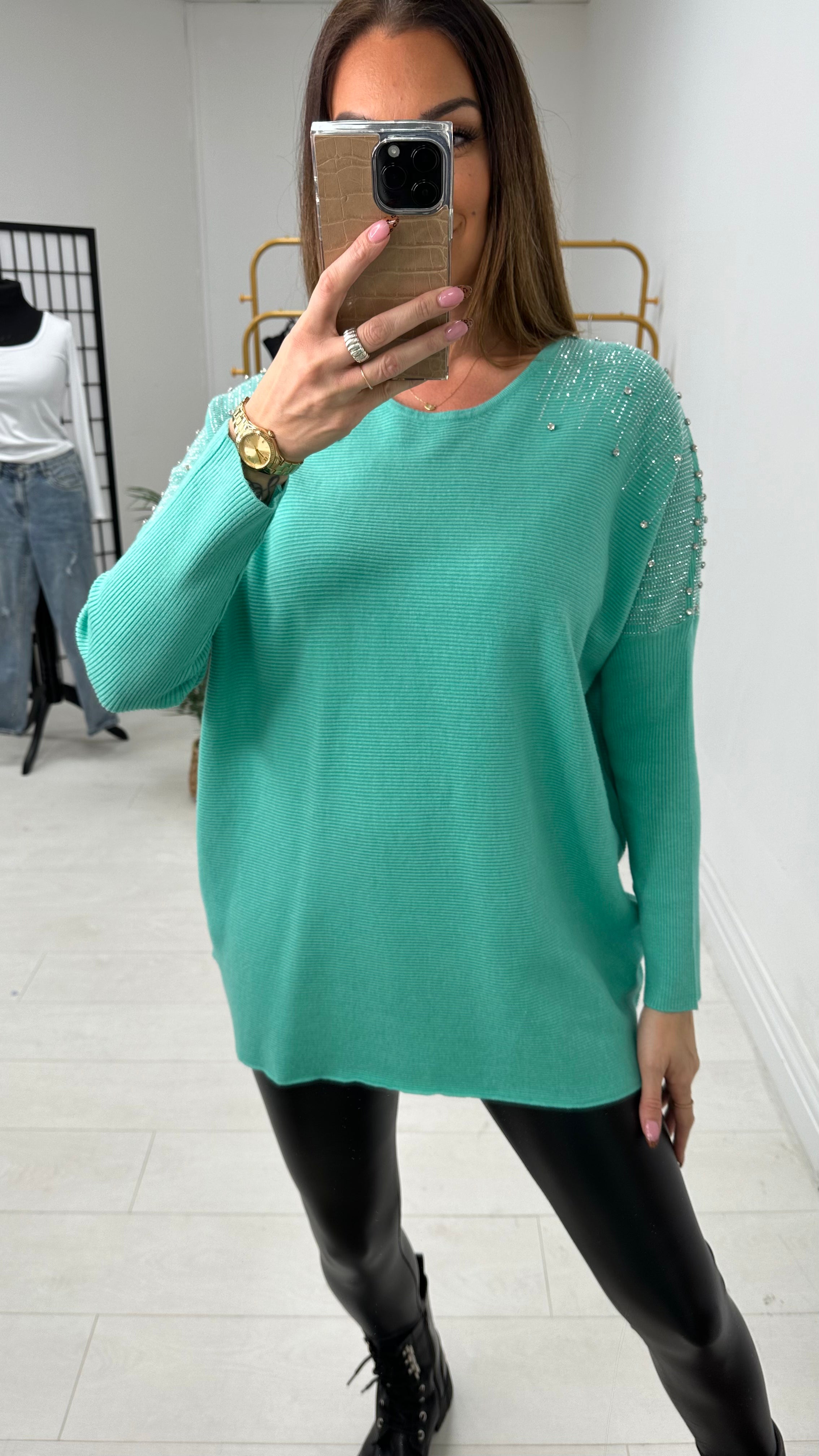 Janise Plain Embellished Shoulder Knit Jumper