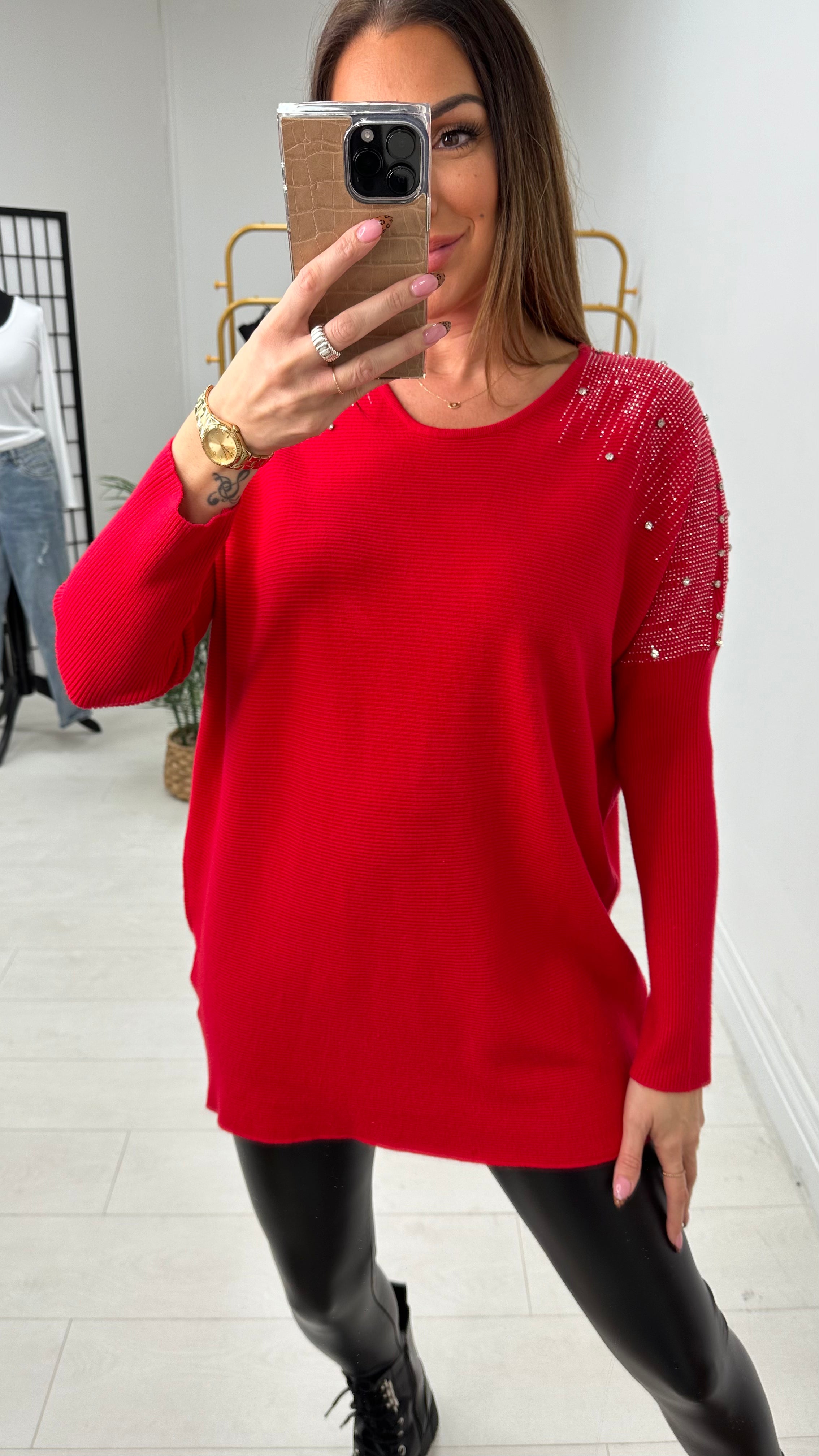 Janise Plain Embellished Shoulder Knit Jumper