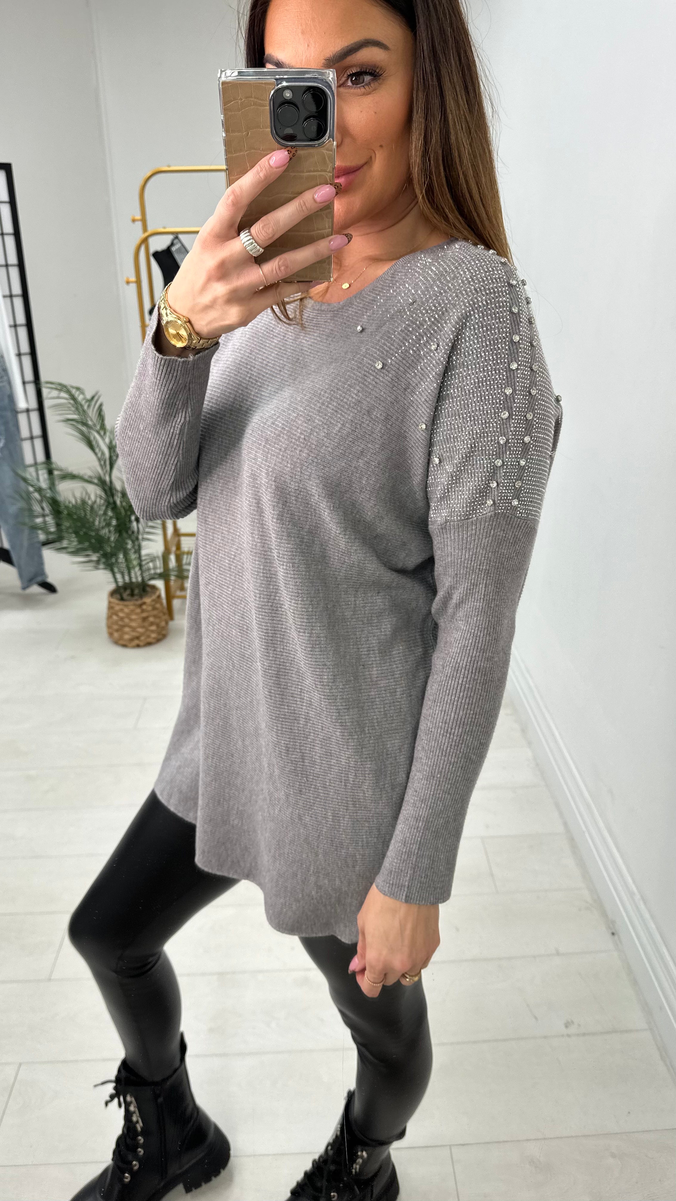Janise Plain Embellished Shoulder Knit Jumper