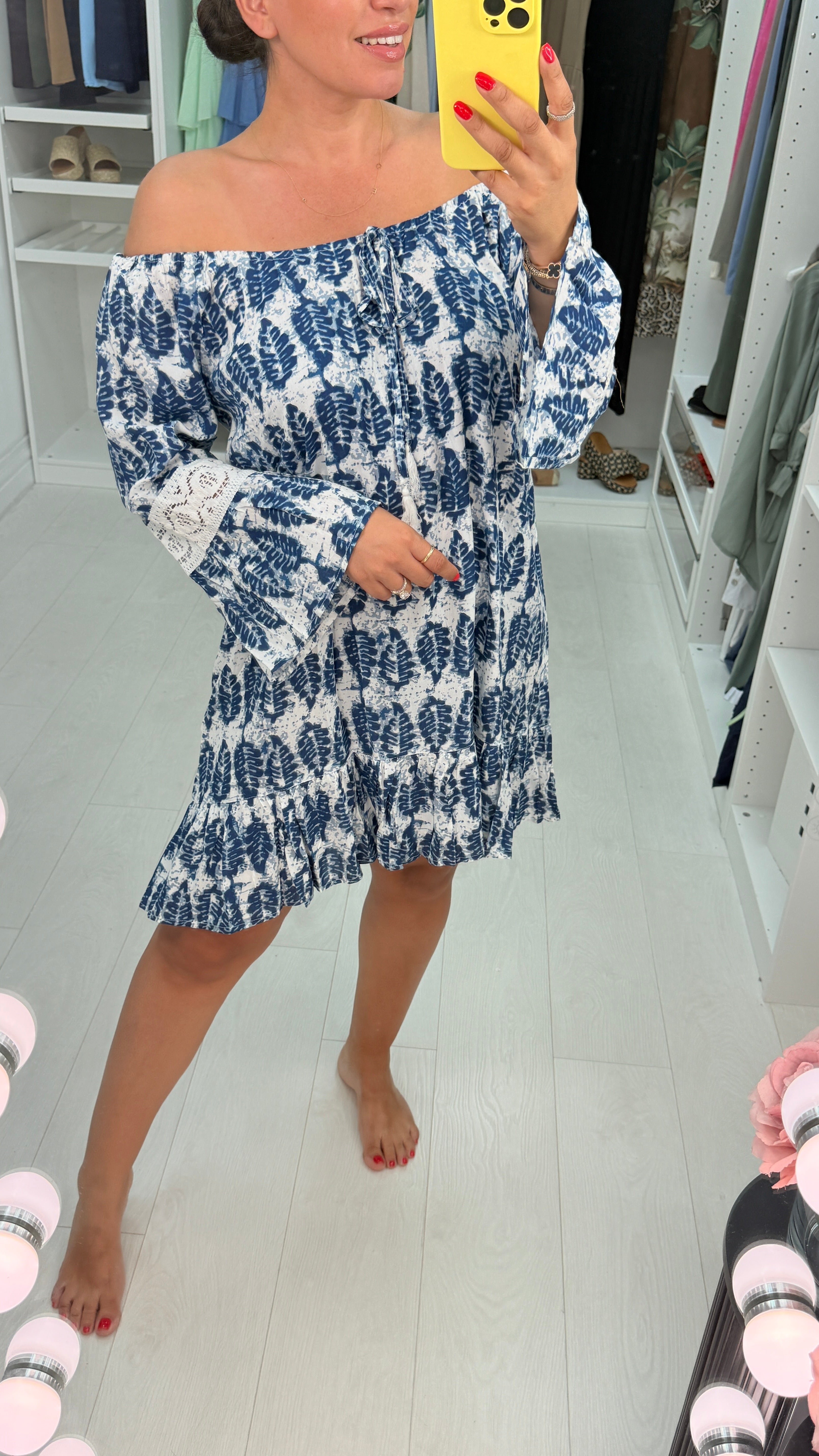 Yasmine Abstract Print Loose Fit Bardot Midi Dress