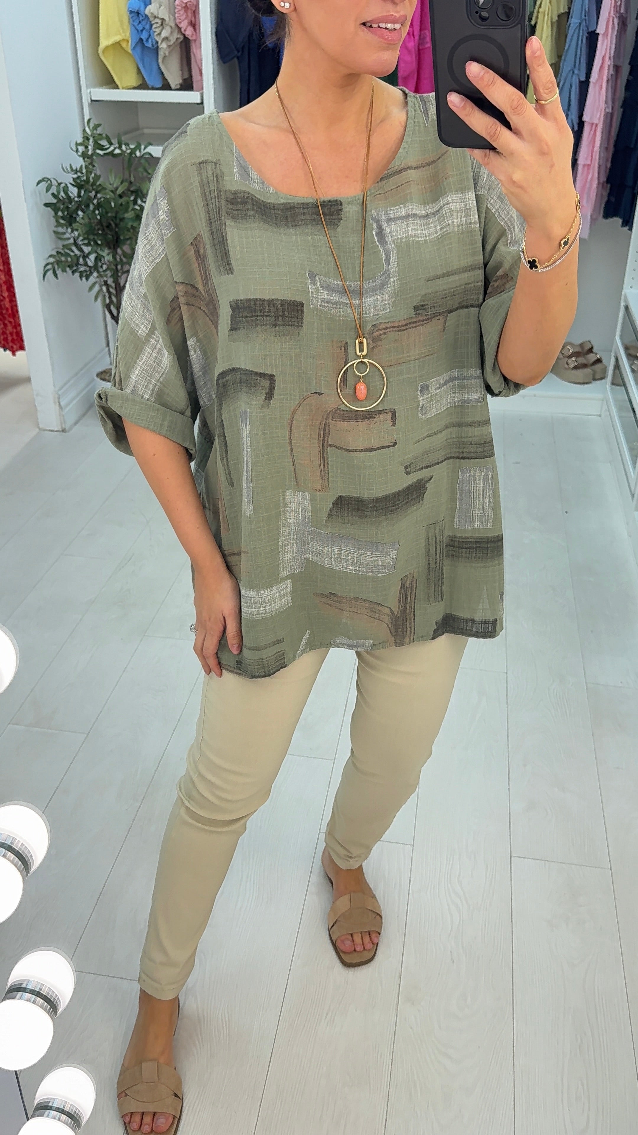 Ivona Abstract Print Necklace Dipped Hem Top