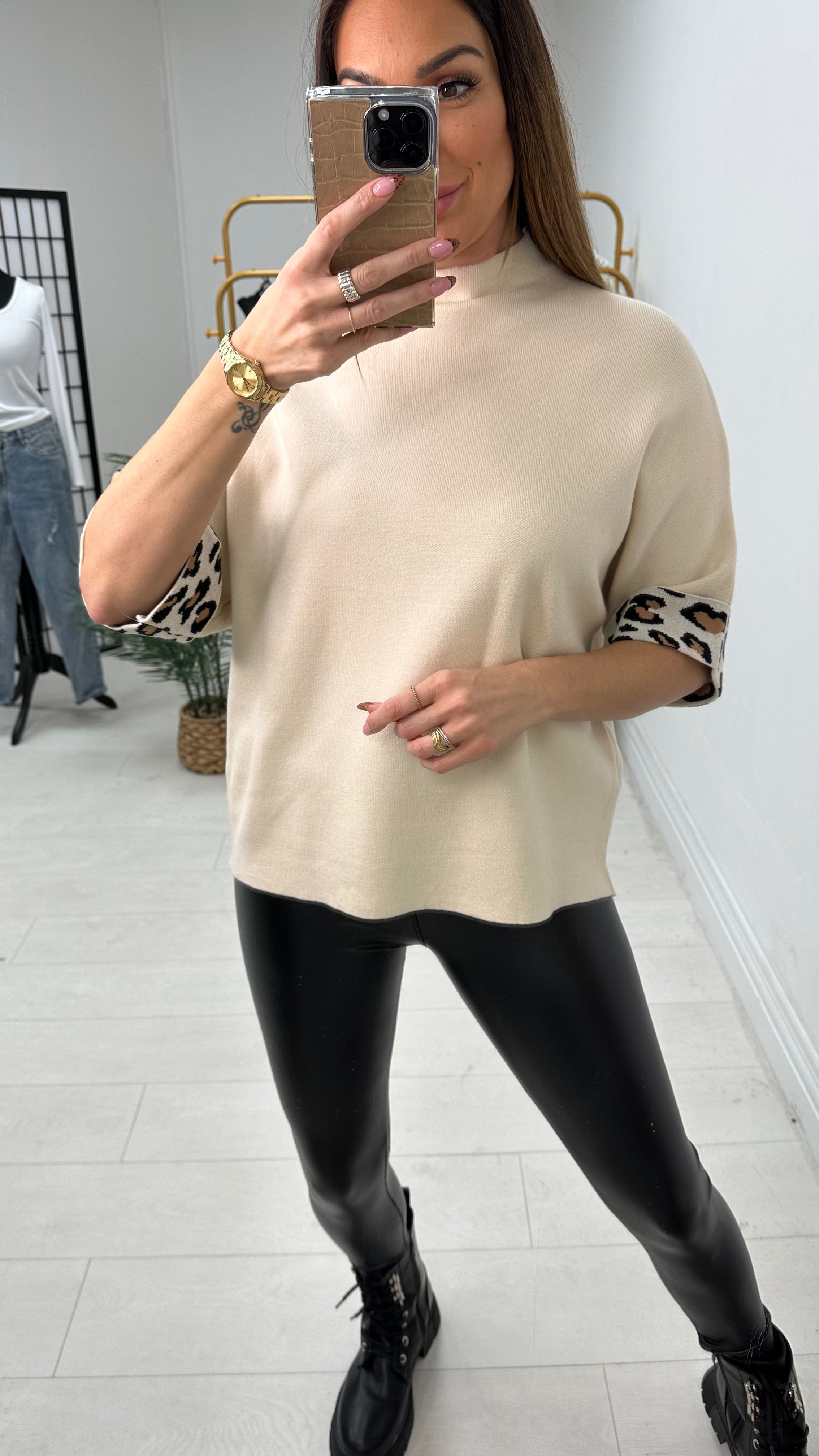 Bambi Leopard Print 3/4 Sleeve Knit Jumper