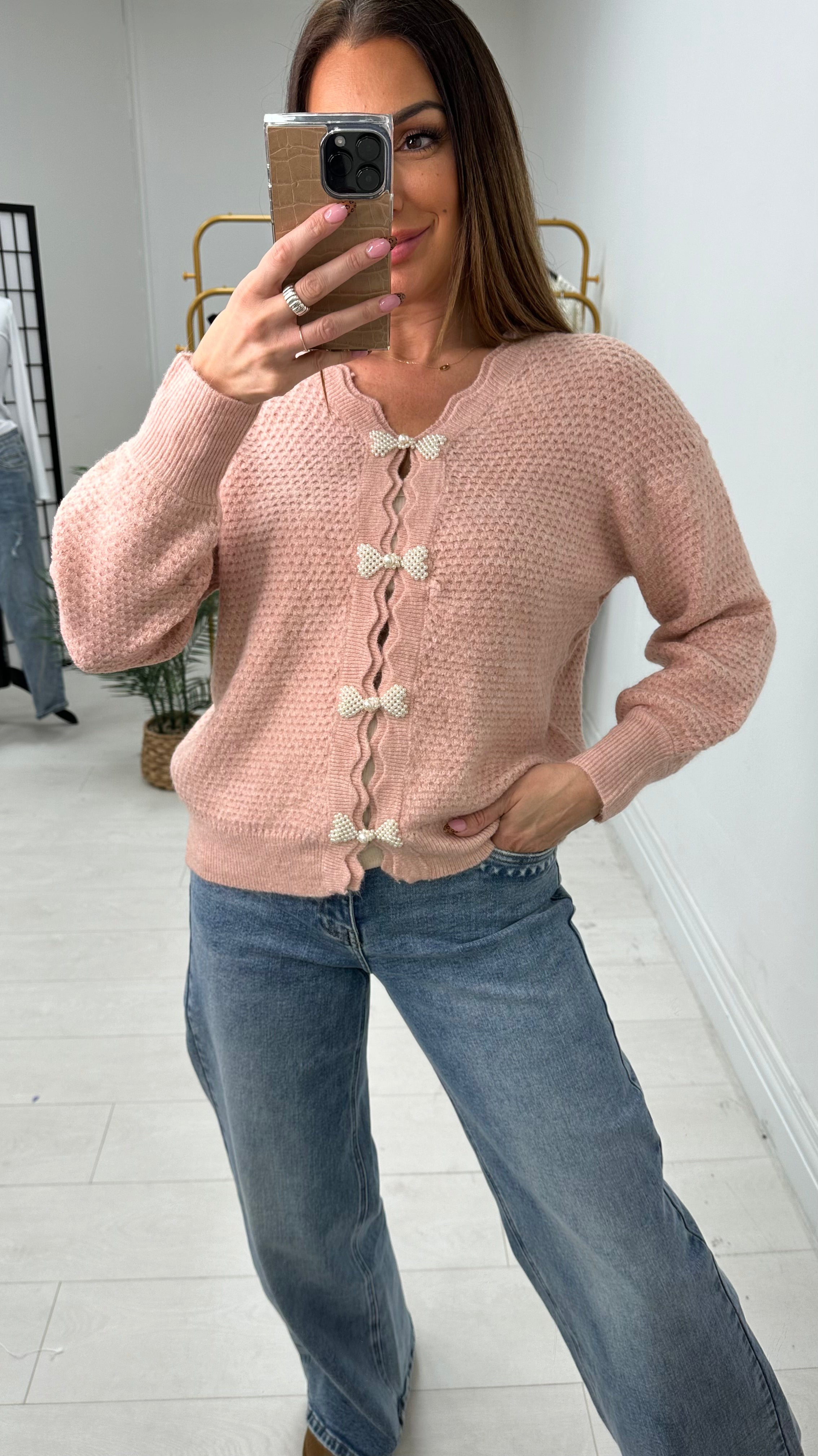 Clover Pearl Bow Detailed Knitted Cardigan