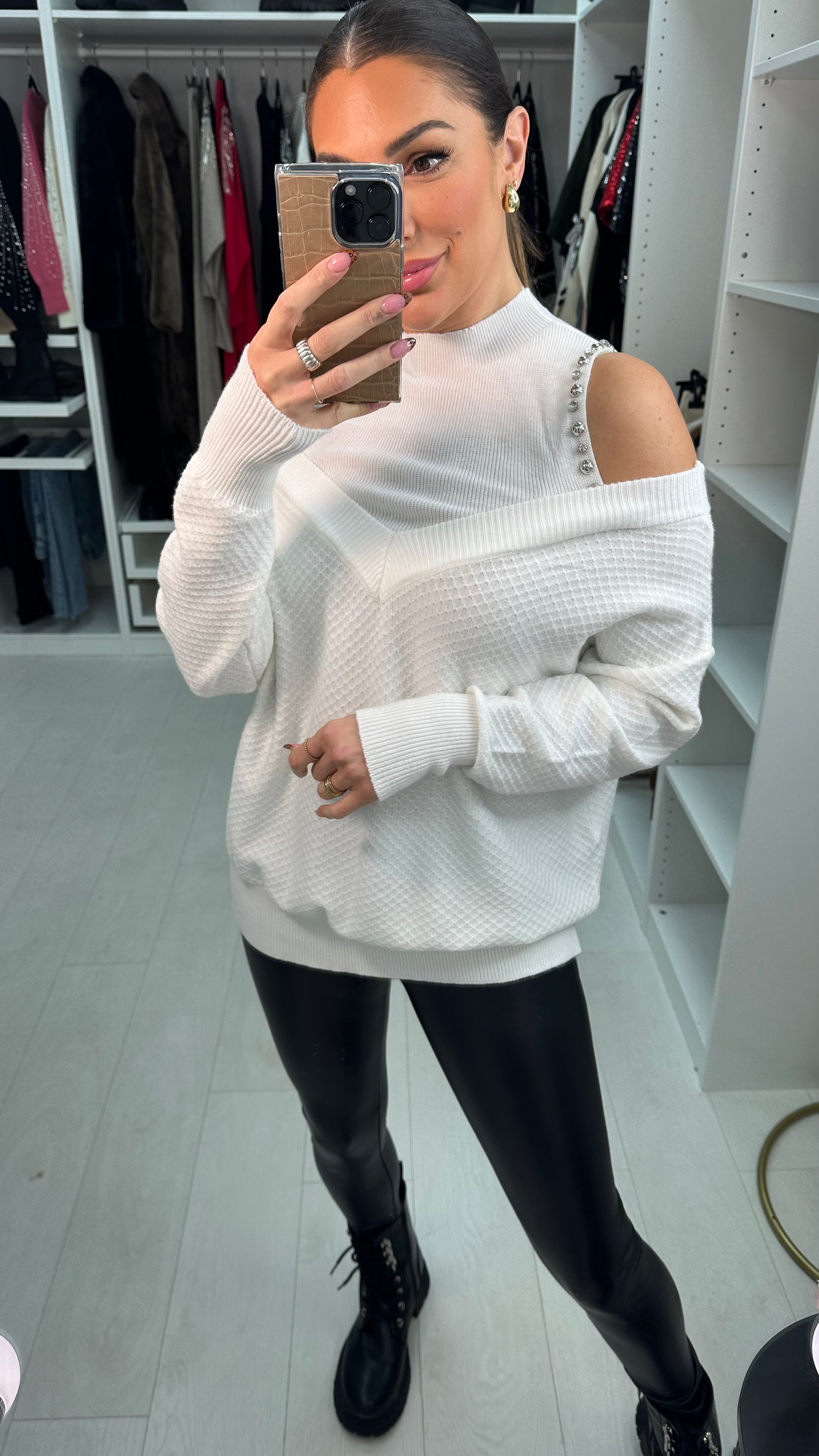 Nollie Embellished Cold Shoulder Knitted Jumper