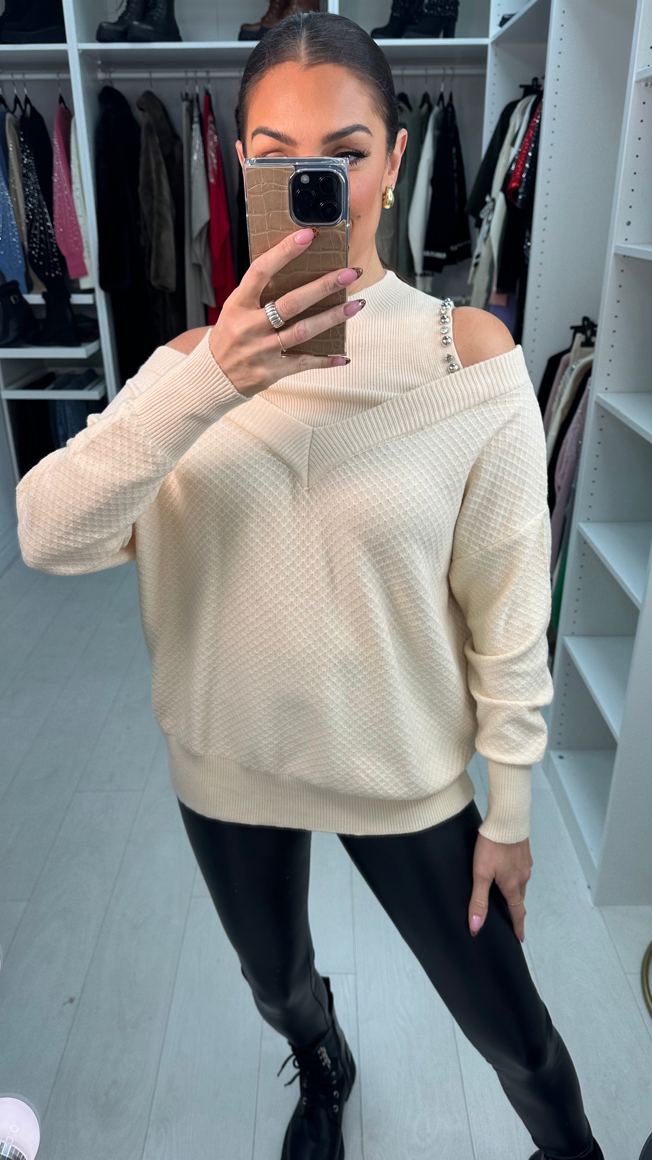 Nollie Embellished Cold Shoulder Knitted Jumper