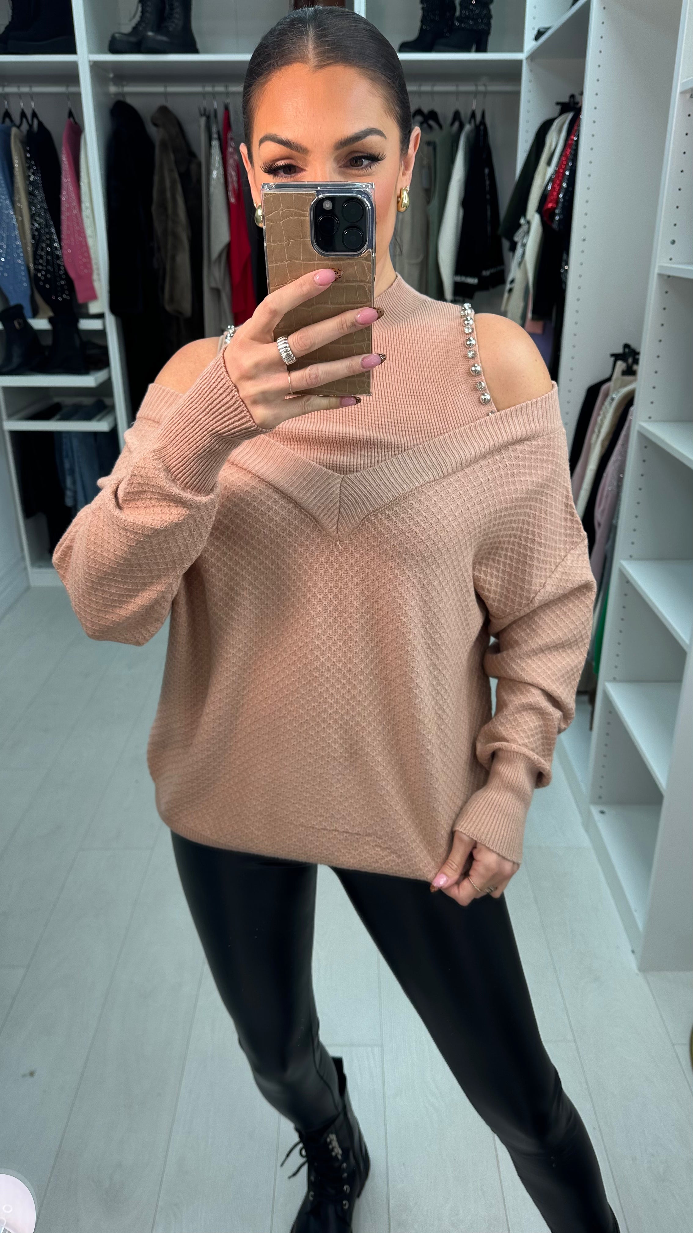 Nollie Embellished Cold Shoulder Knitted Jumper