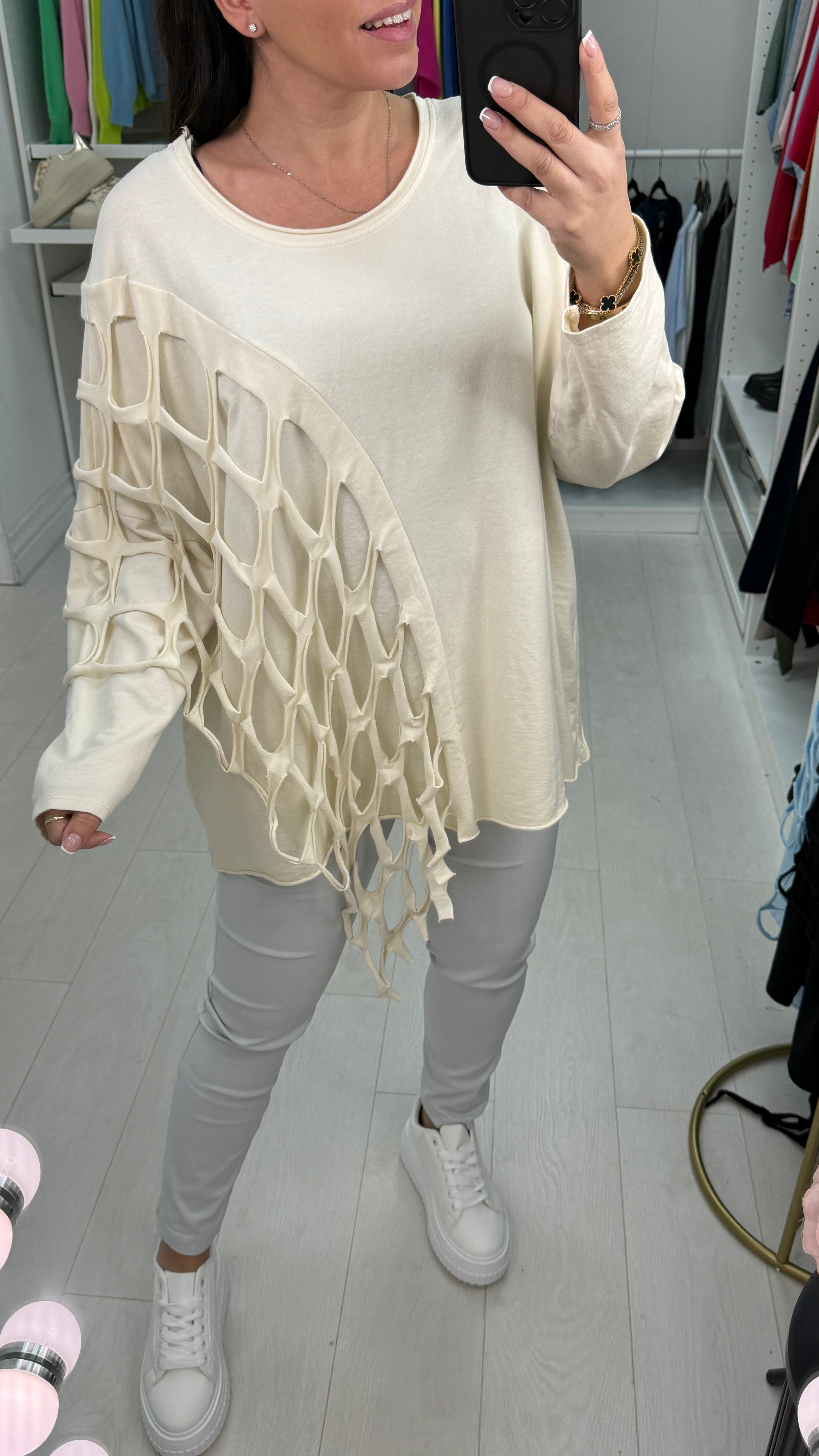 Georgia Plain Distressed Fish Net Detail Top