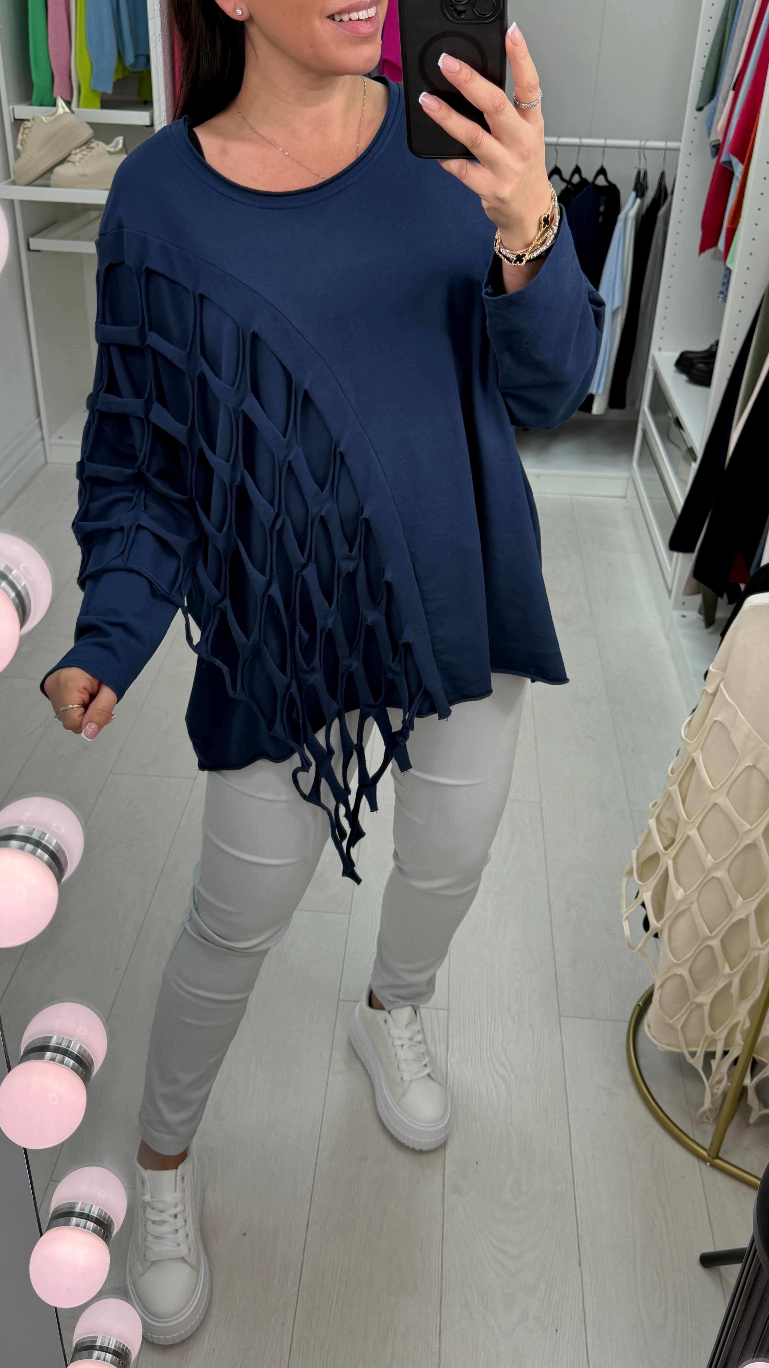 Georgia Plain Distressed Fish Net Detail Top