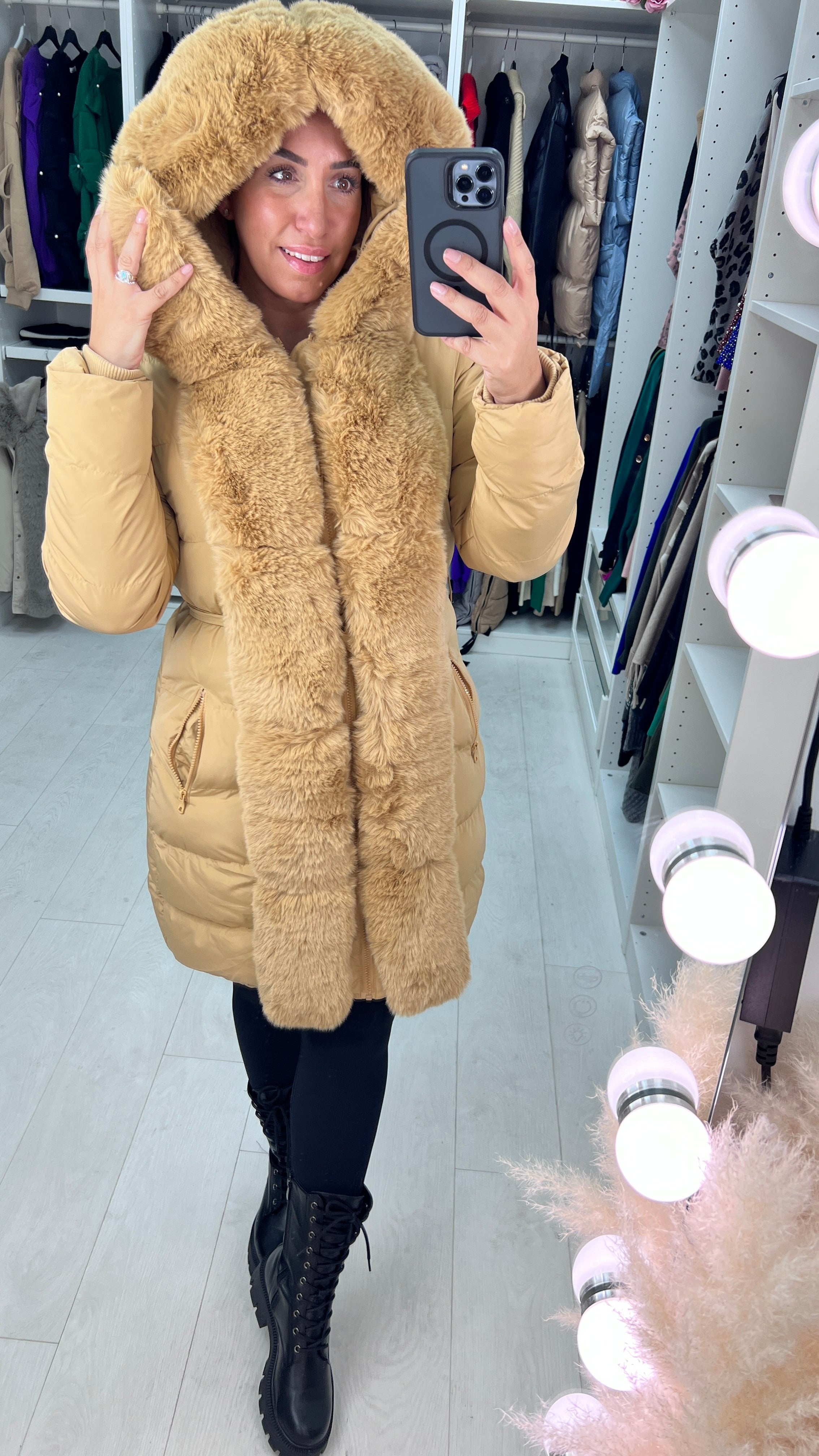 Semin Camel Faux Fur Panelled Hooded Belt Padded Coat