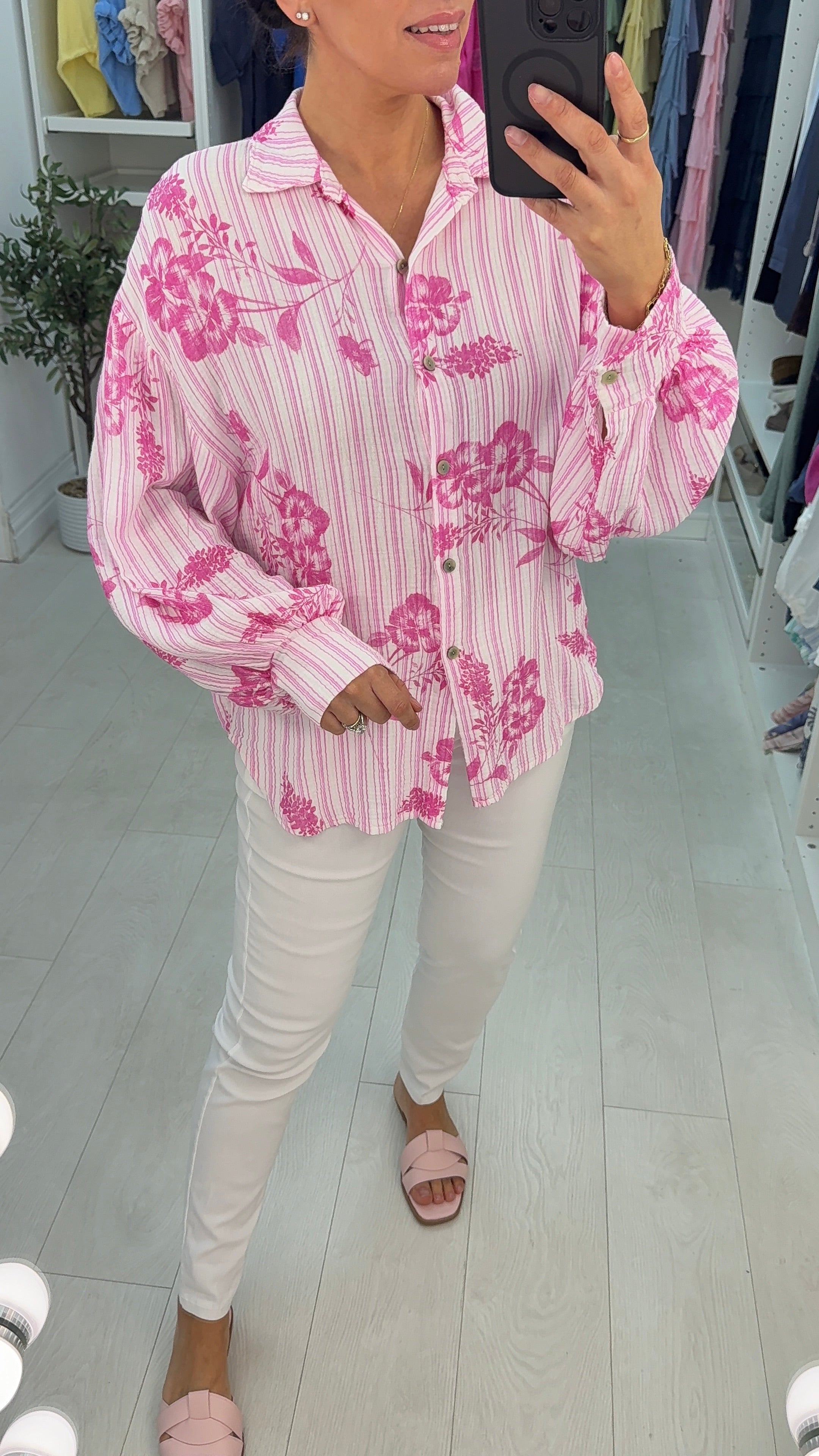 Kimber Floral Pattern Stripe Cheesecloth Shirt
