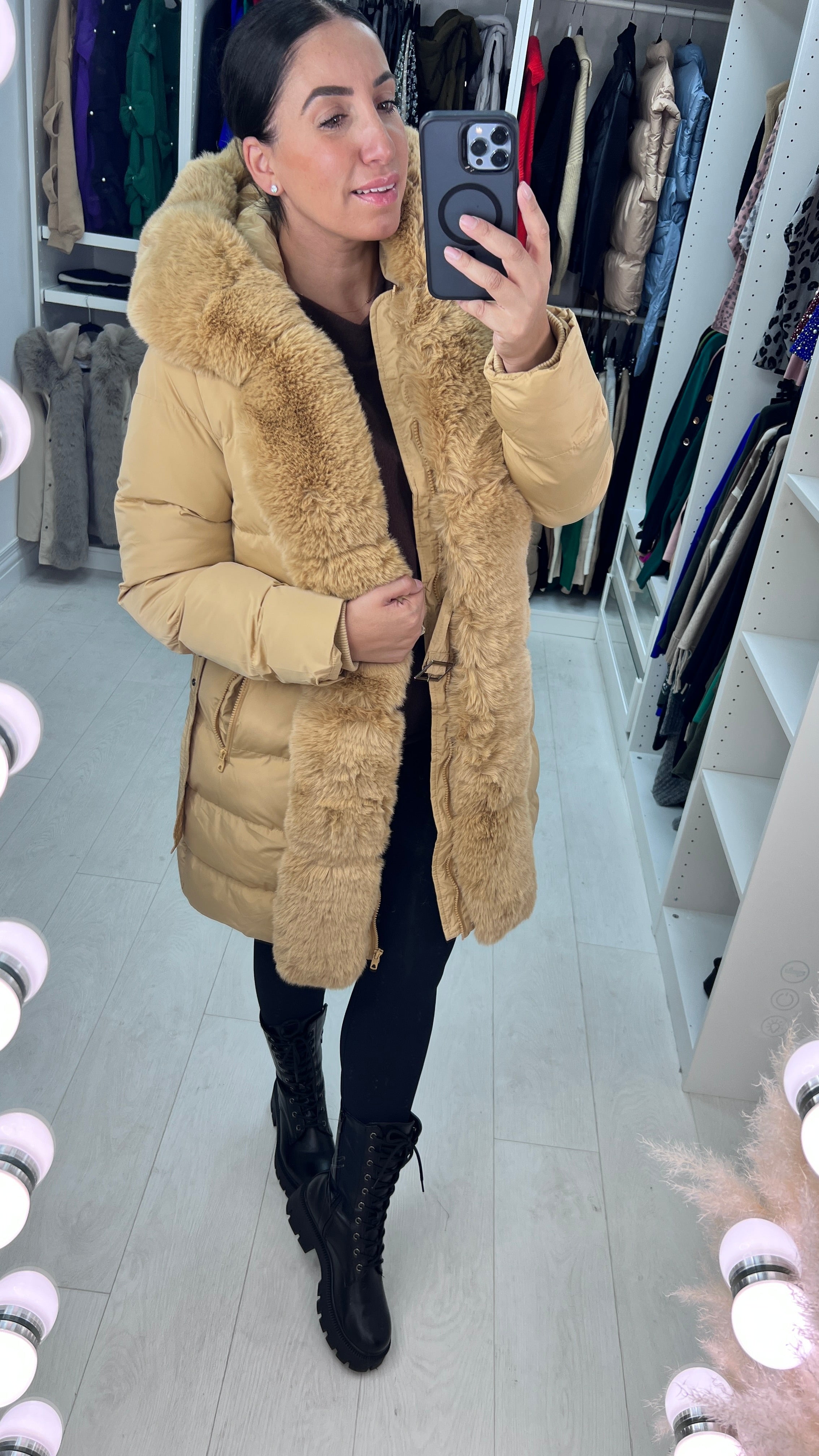 Semin Camel Faux Fur Panelled Hooded Belt Padded Coat