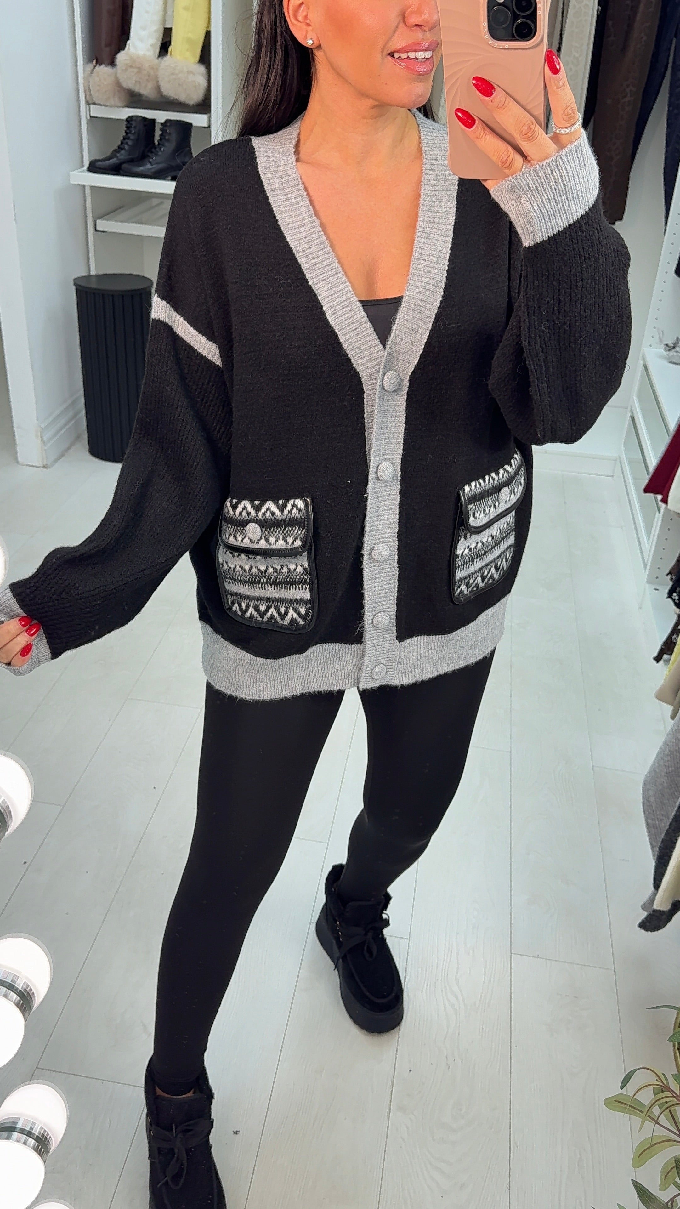 Libbie V Neck Pocket Front Colour Block Cardigan