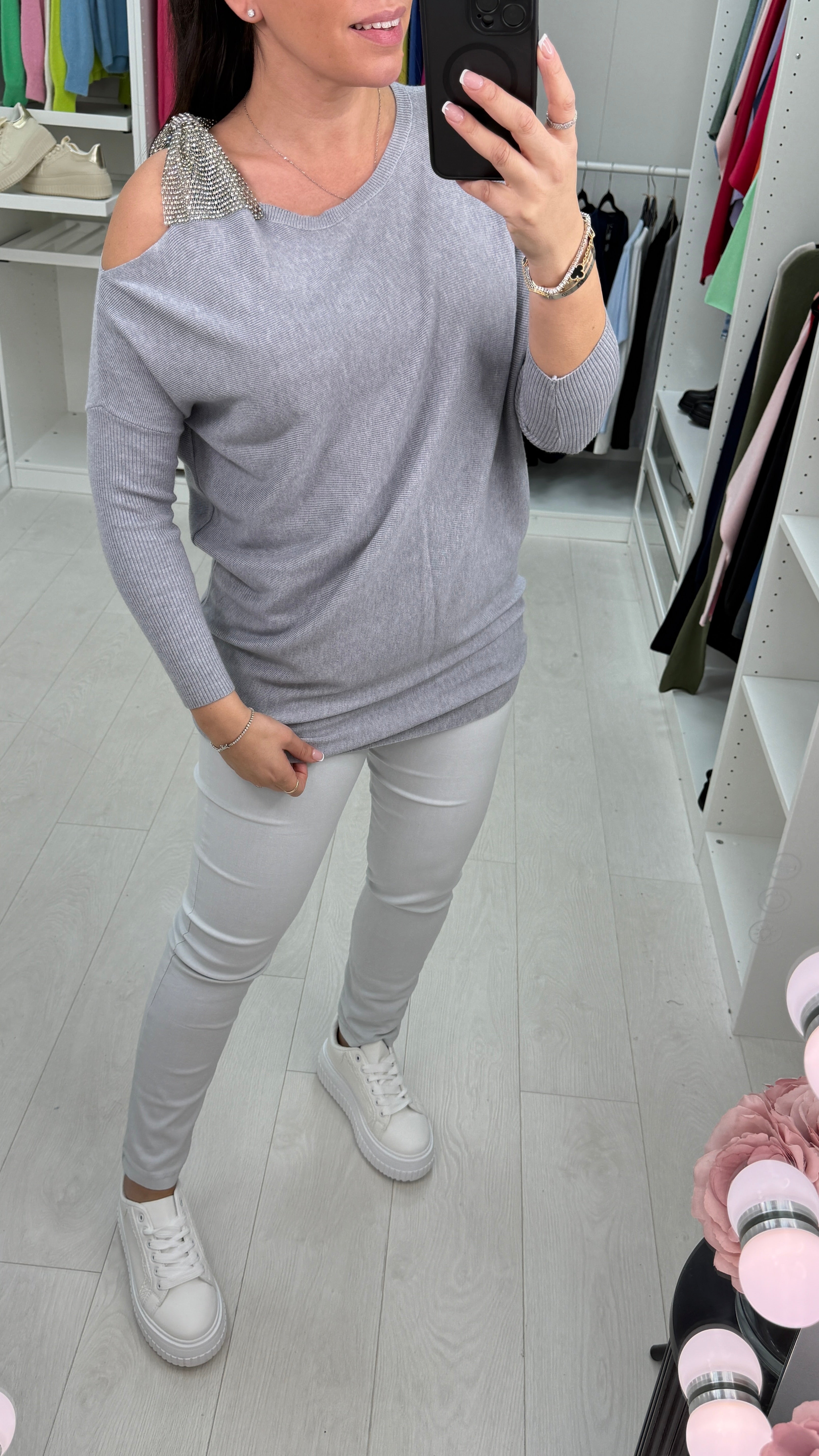 Brontie Diamante Bow Shoulder Detail Jumper