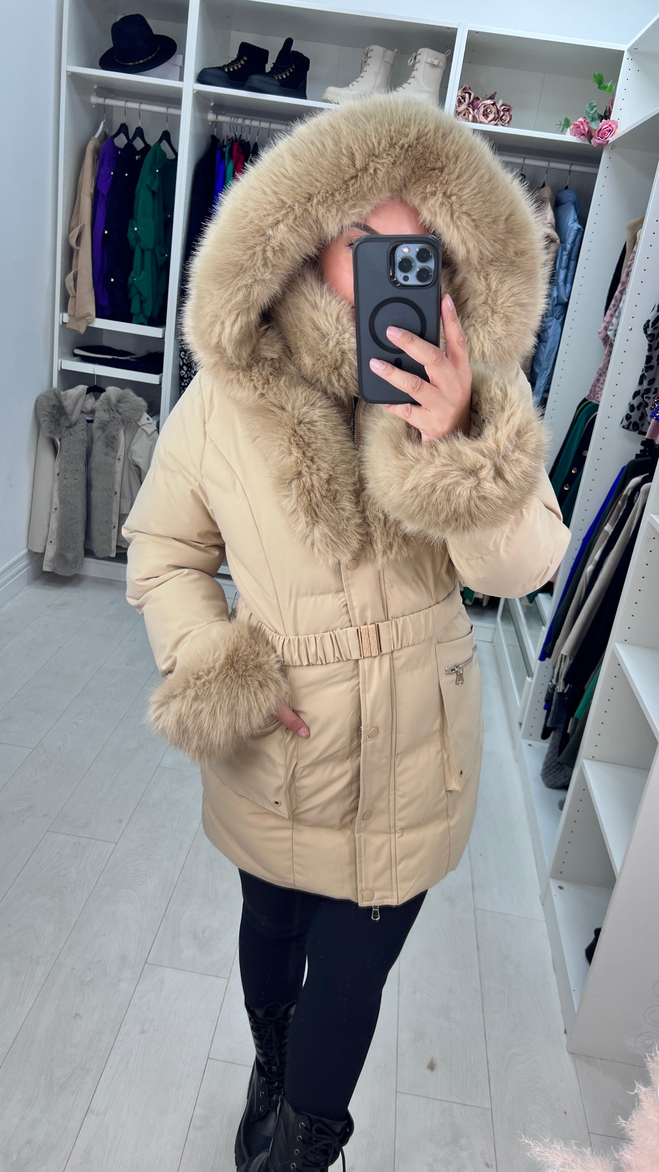 Noneya Beige Faux Fur Hooded Belt Coat