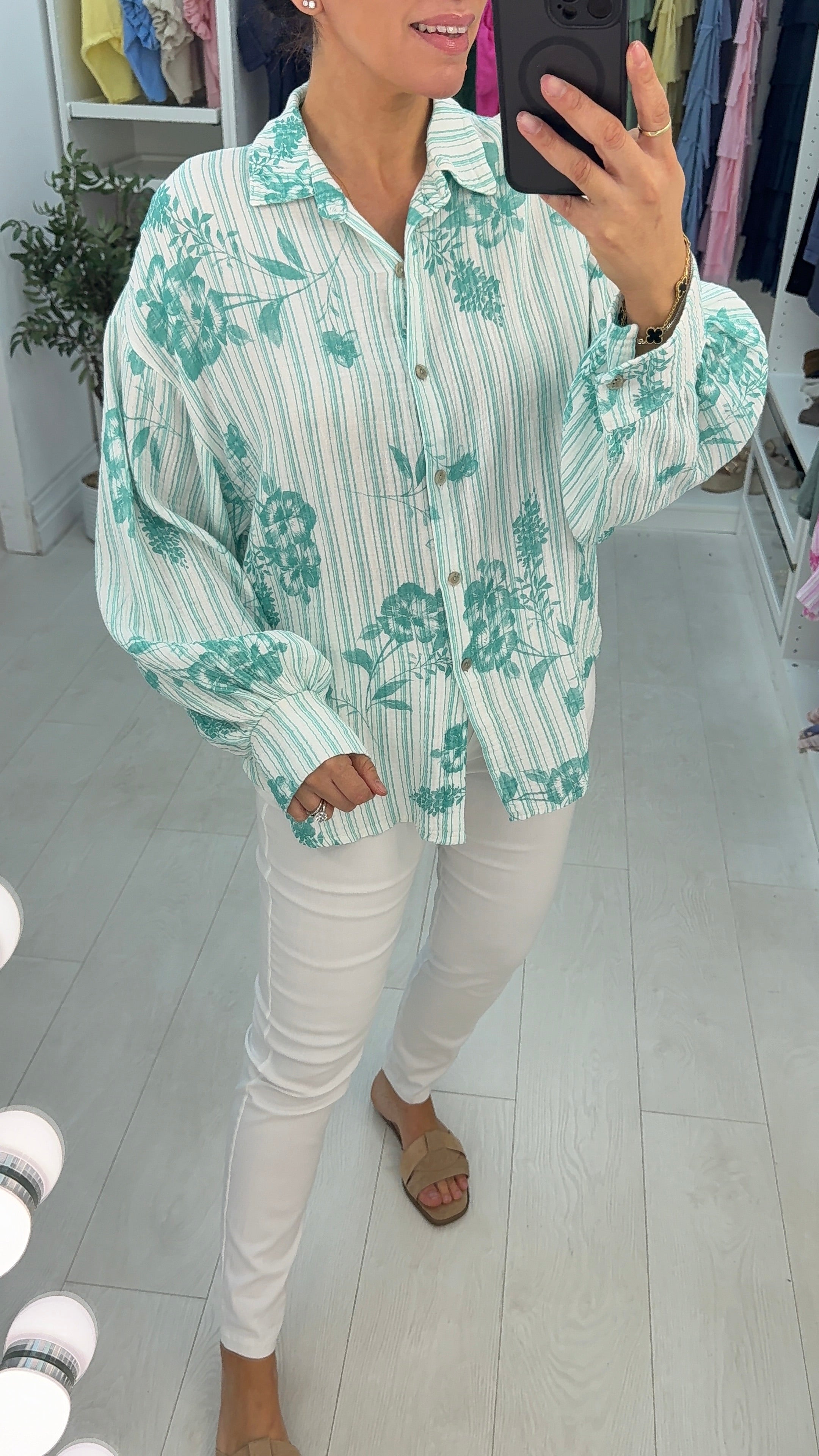 Kimber Floral Pattern Stripe Cheesecloth Shirt