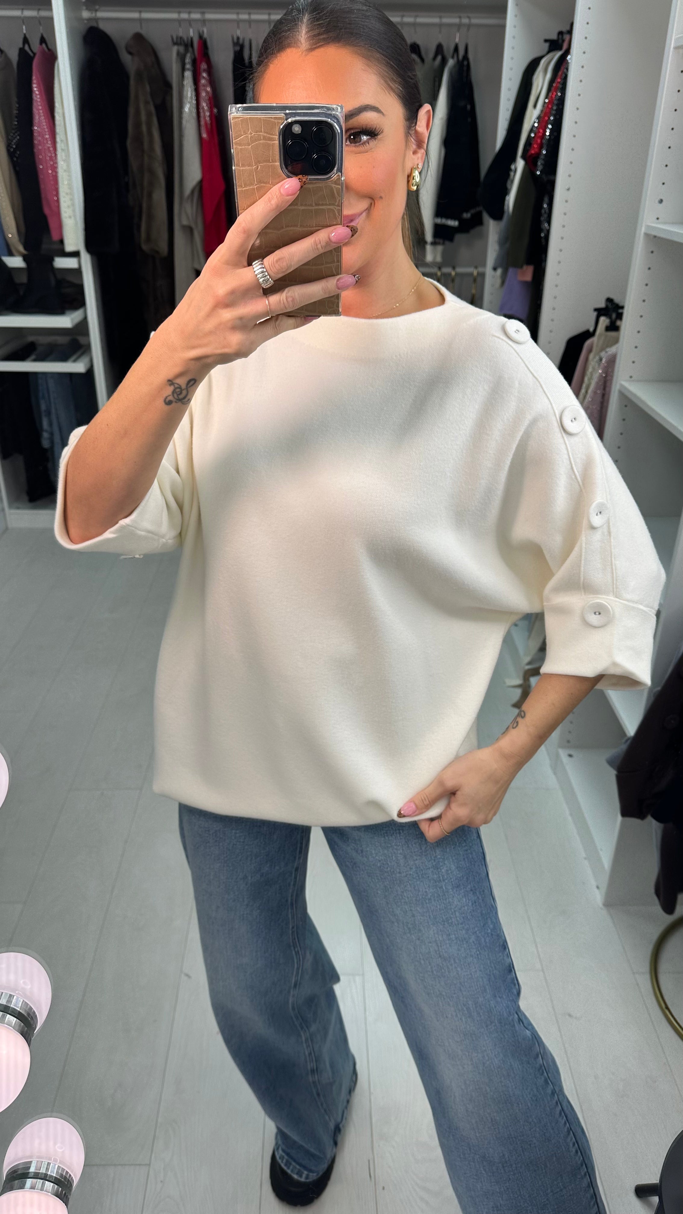 Pavetta Button Detailed 3/4 Sleeve Knit Jumper