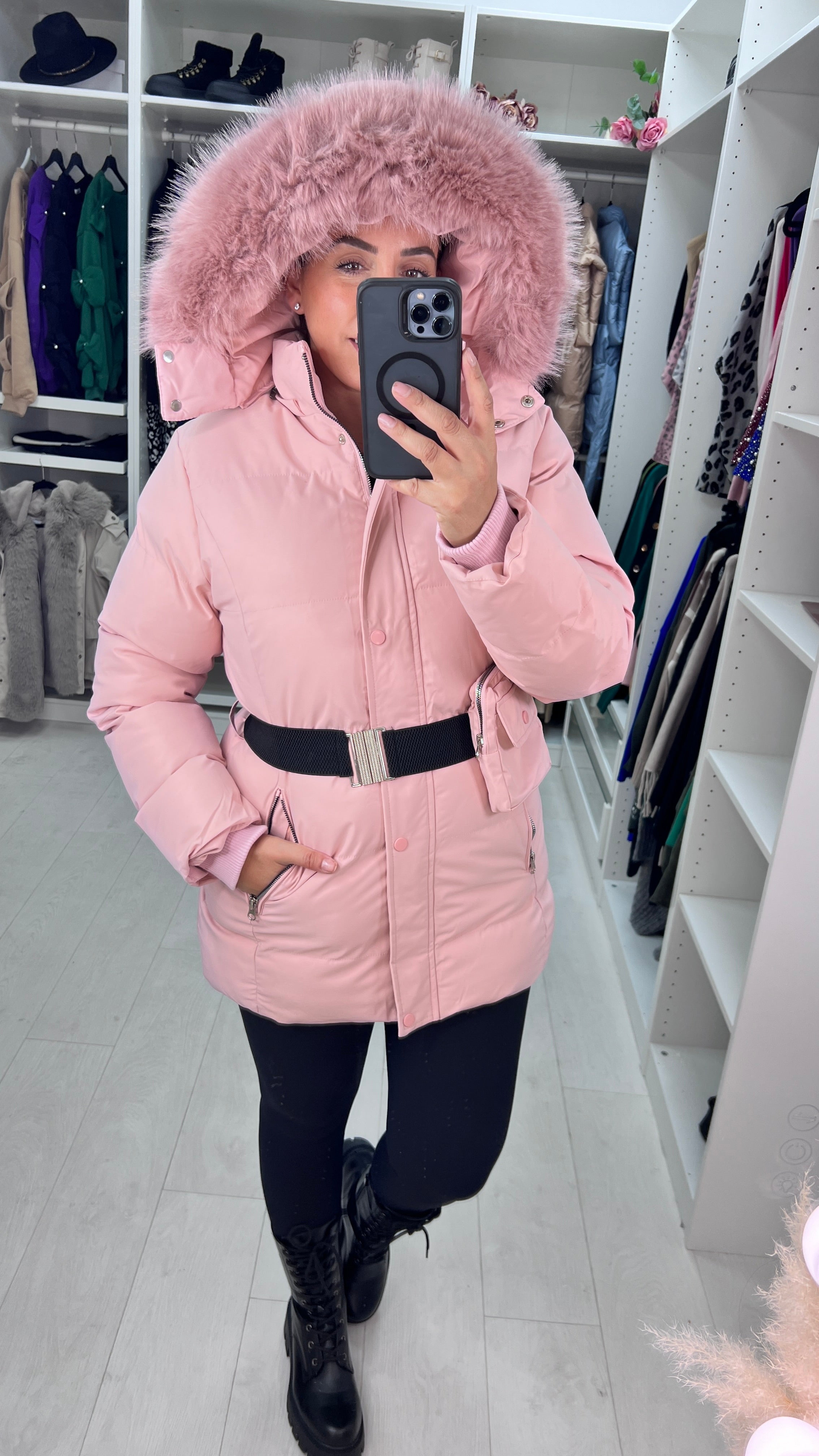 Layana Pink Hooded Fleece Puffer Coat