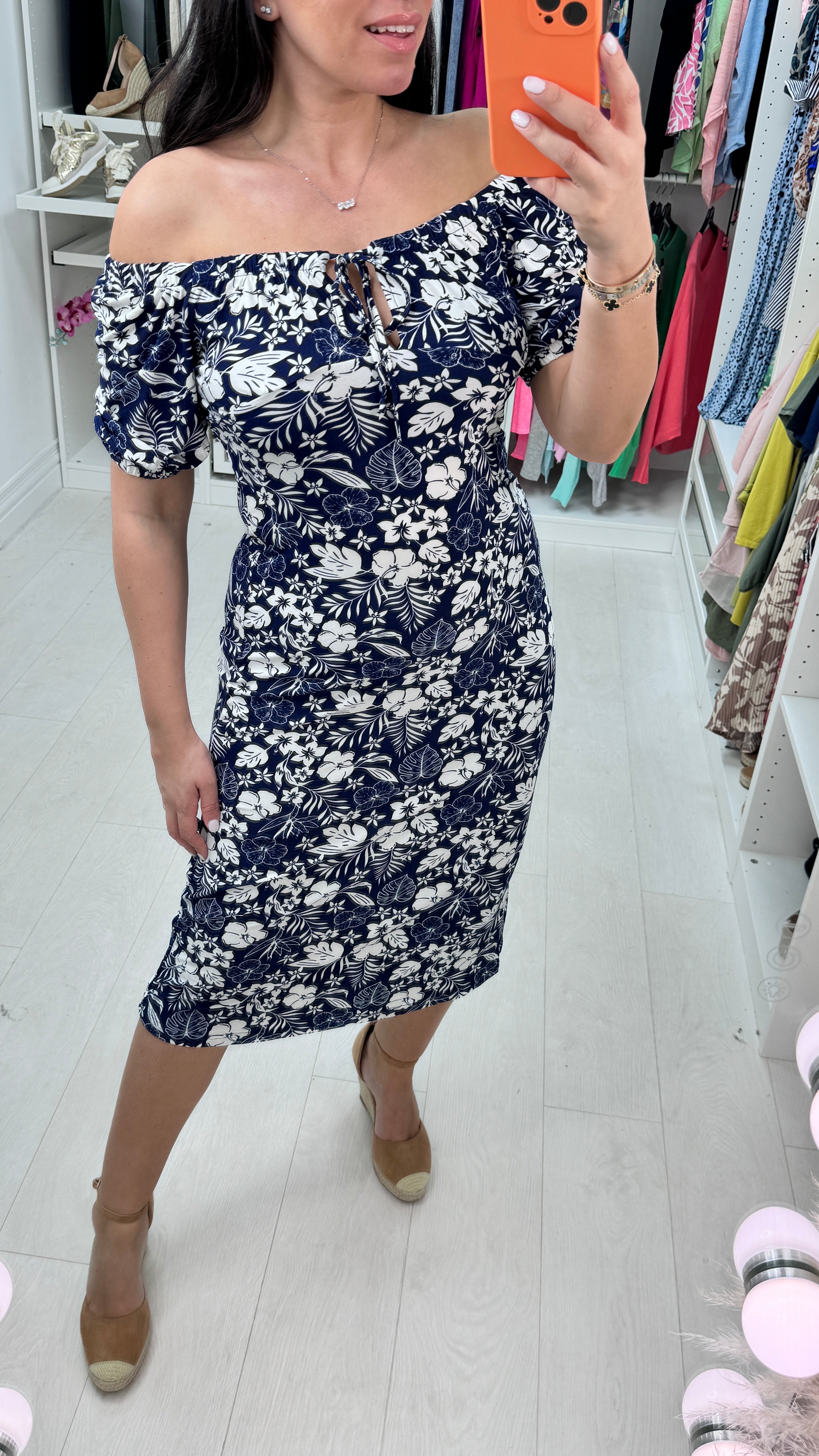 Farah Bardot Floral Print Midi Dress