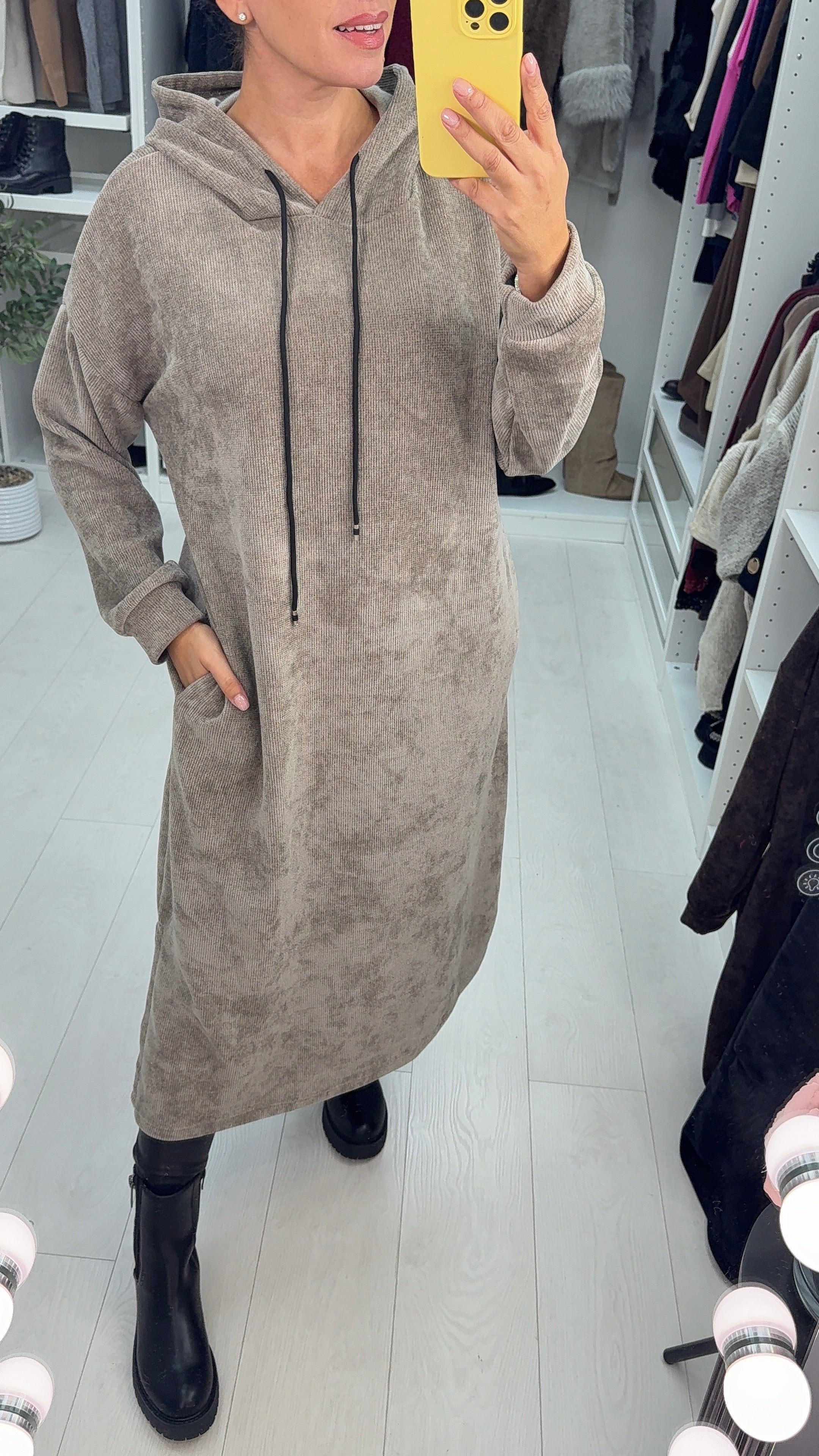 Audrie Plain Corduroy Hooded Dress