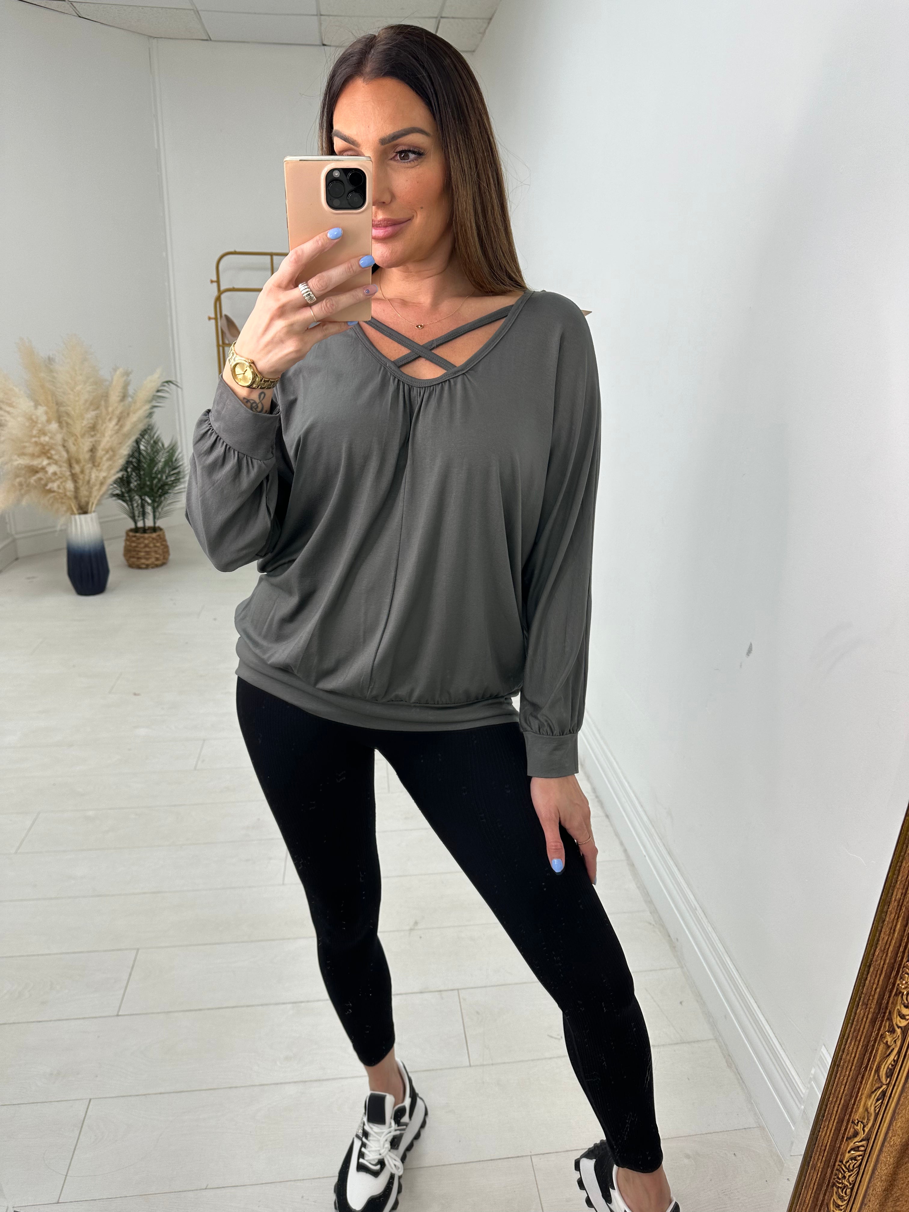 Scarlotte Plain Loose Fit Cross Detail Plain Basic Top