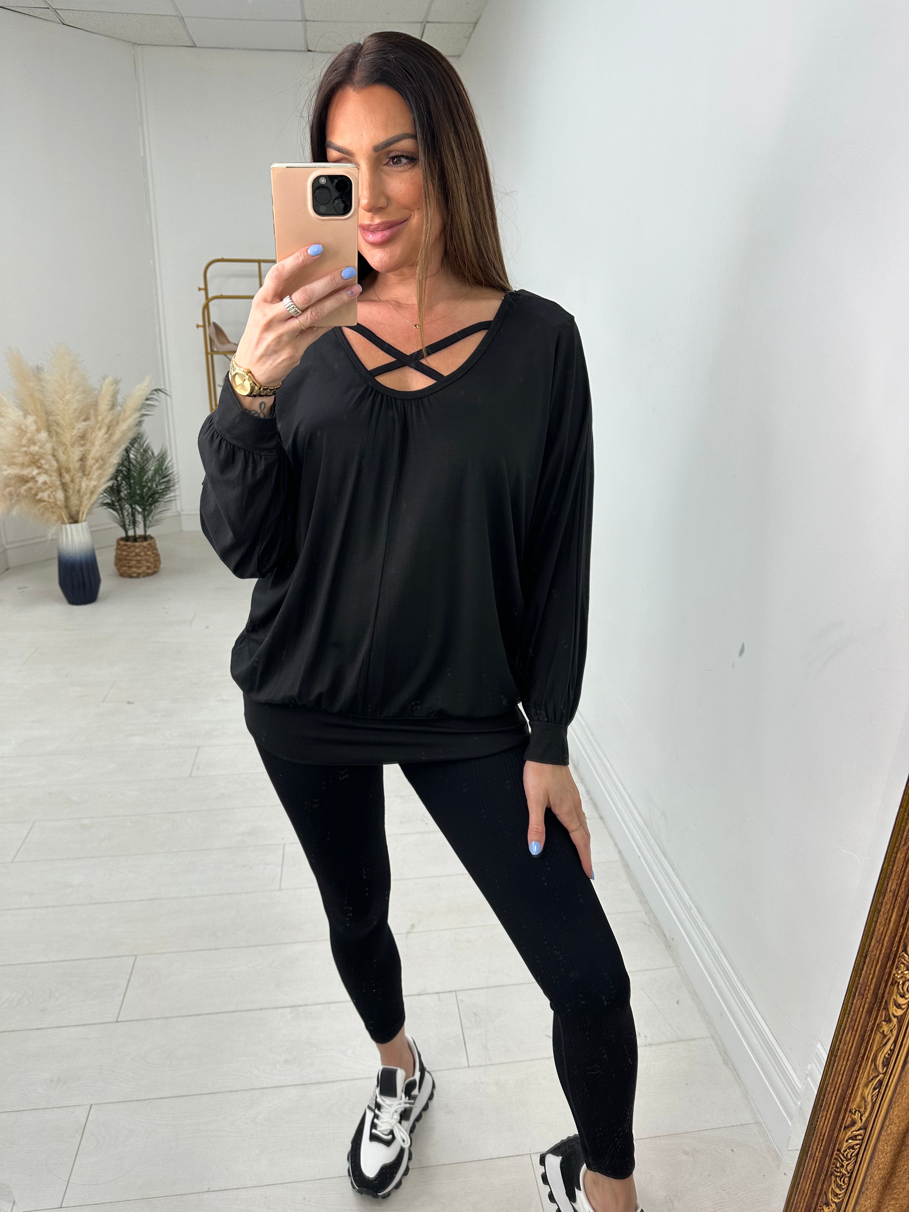 Scarlotte Plain Loose Fit Cross Detail Plain Basic Top